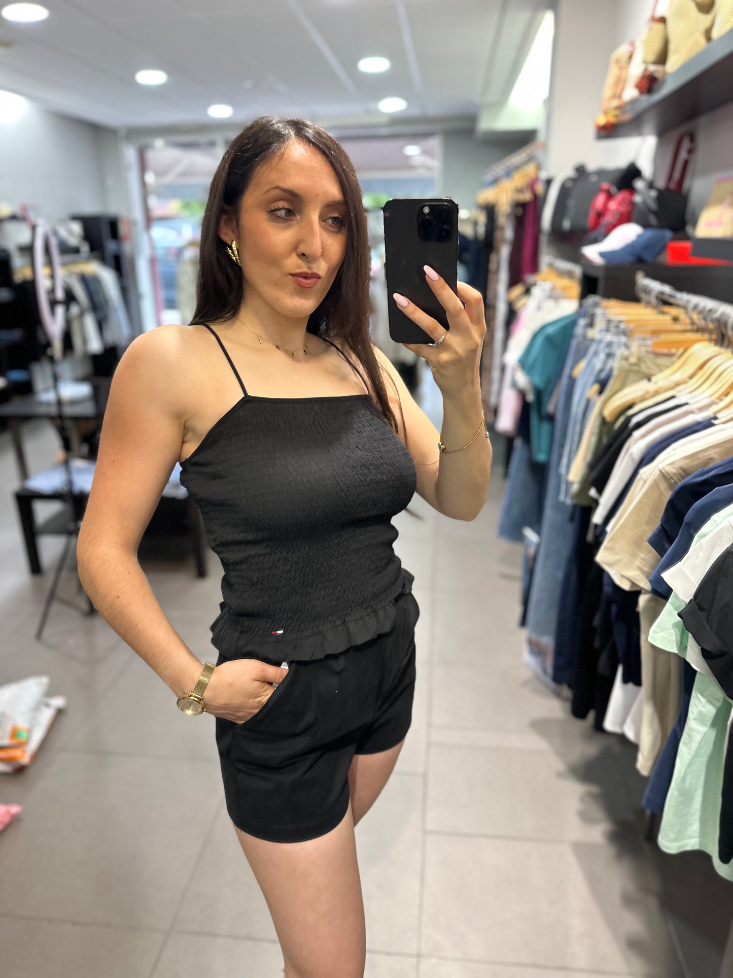 Top Tommy panel de abeja negro