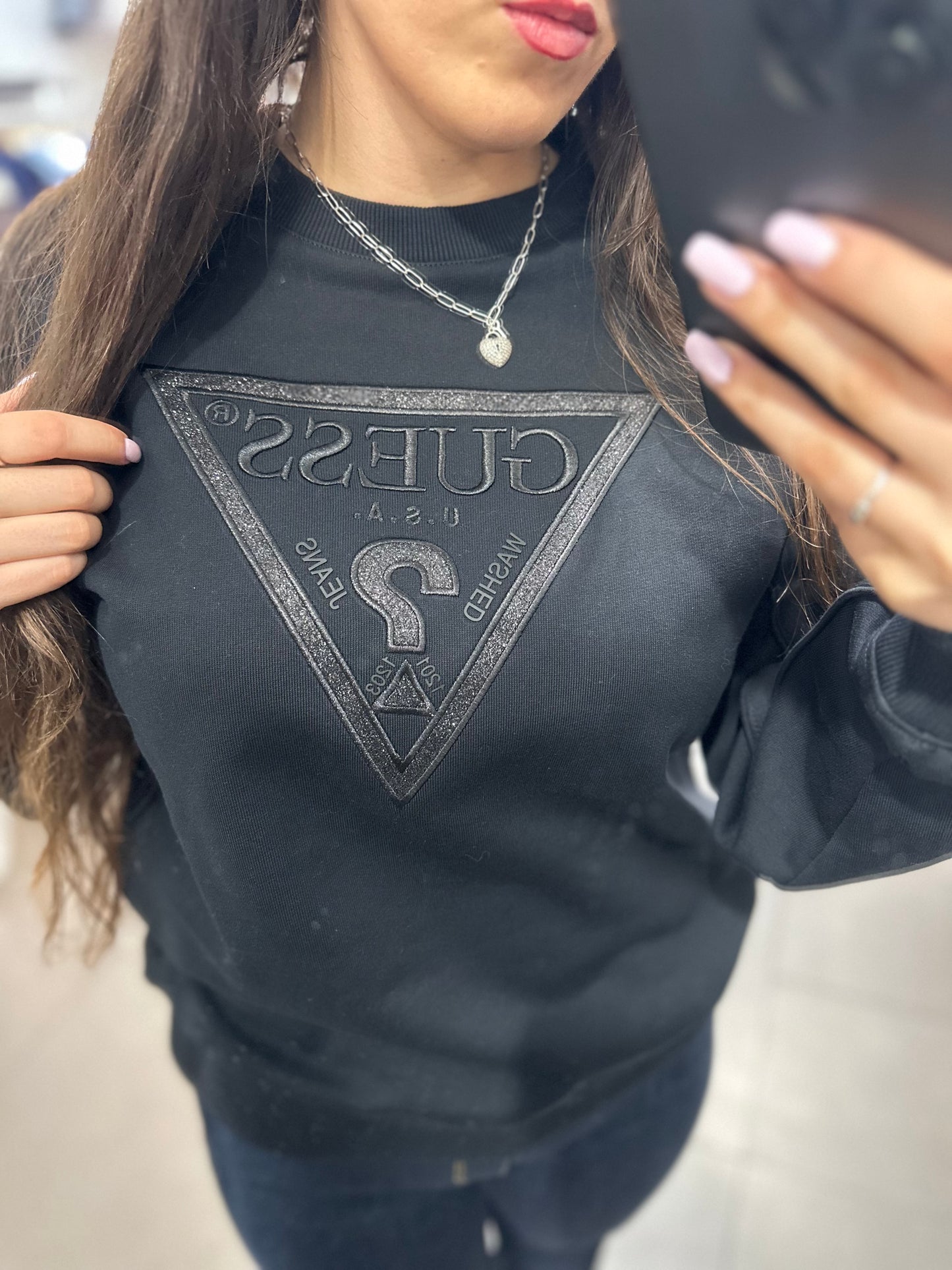 SUDADERA GUESS NEGRA LOGO BRILLO BORDADO