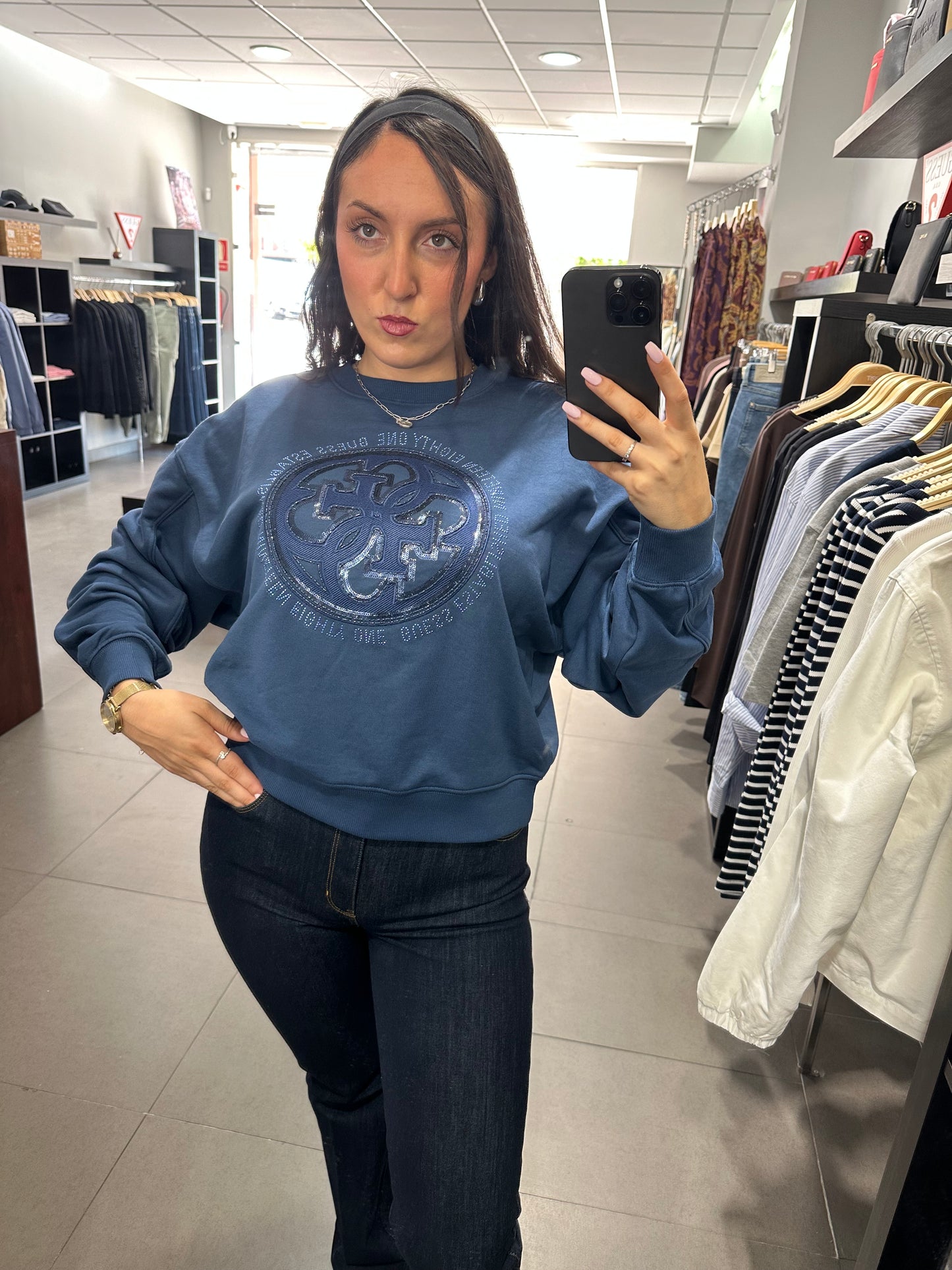 SUDADERA GUESS AZUL LOGO 4G LENTEJUELAS