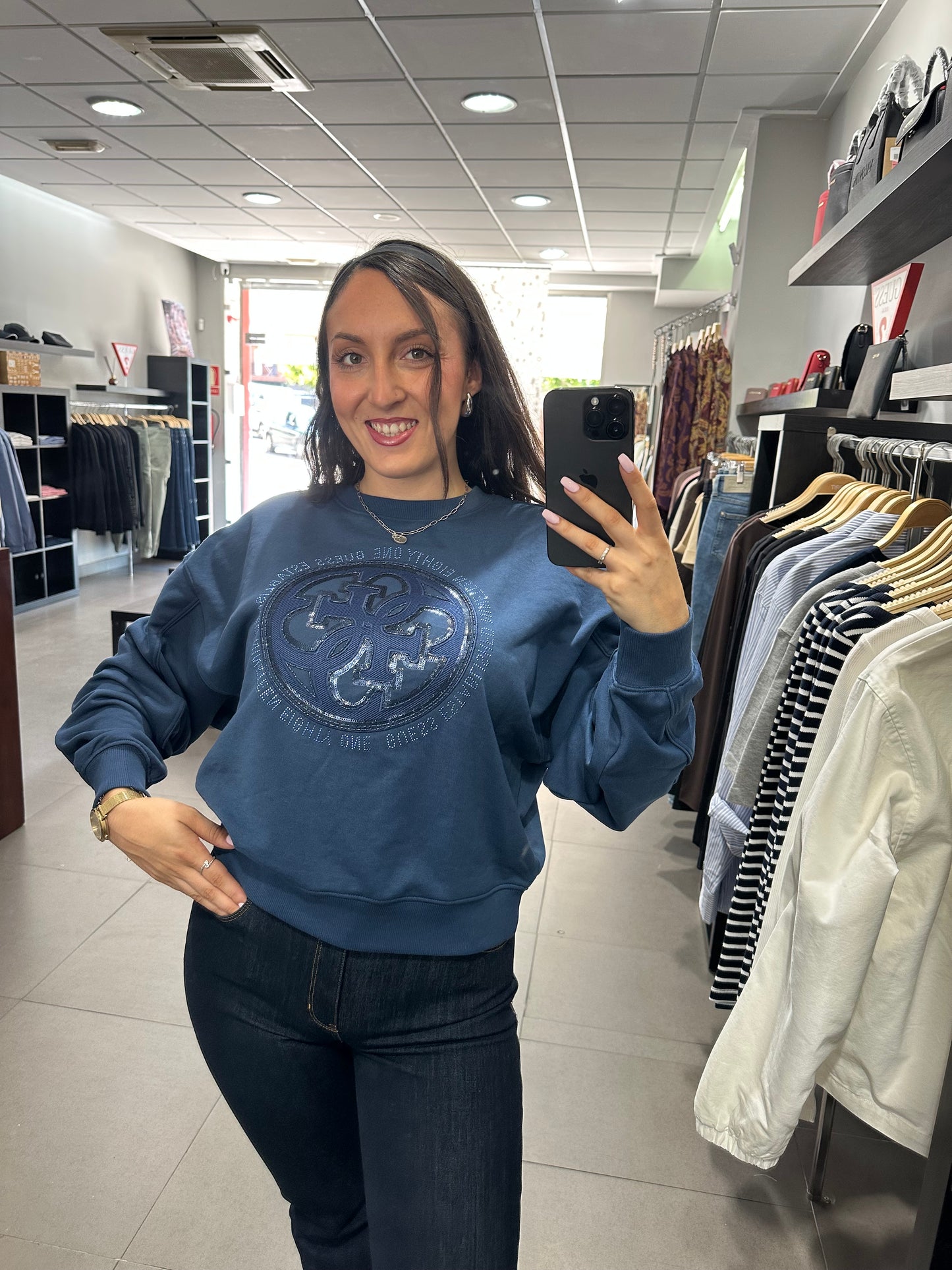 SUDADERA GUESS AZUL LOGO 4G LENTEJUELAS
