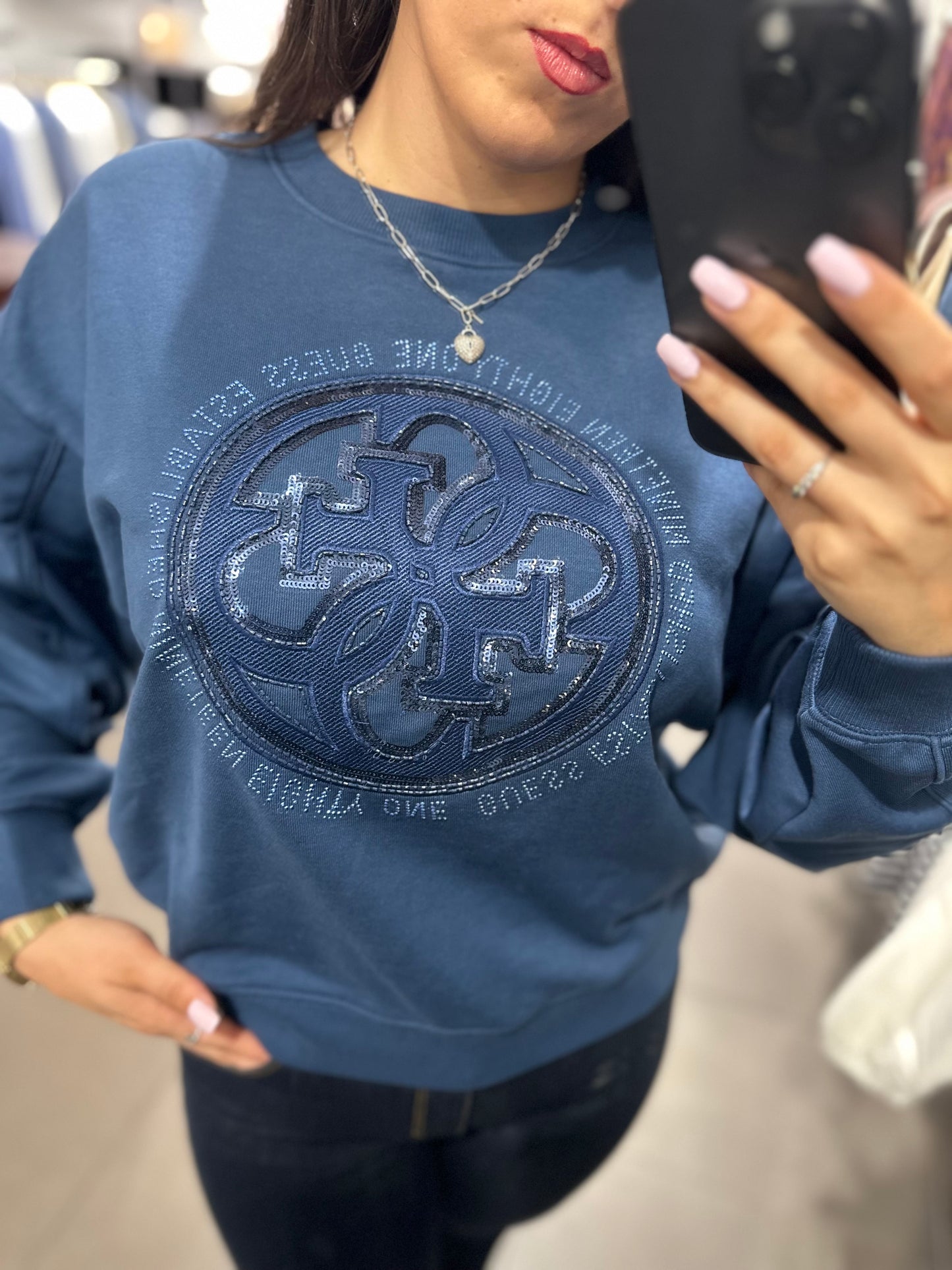 SUDADERA GUESS AZUL LOGO 4G LENTEJUELAS