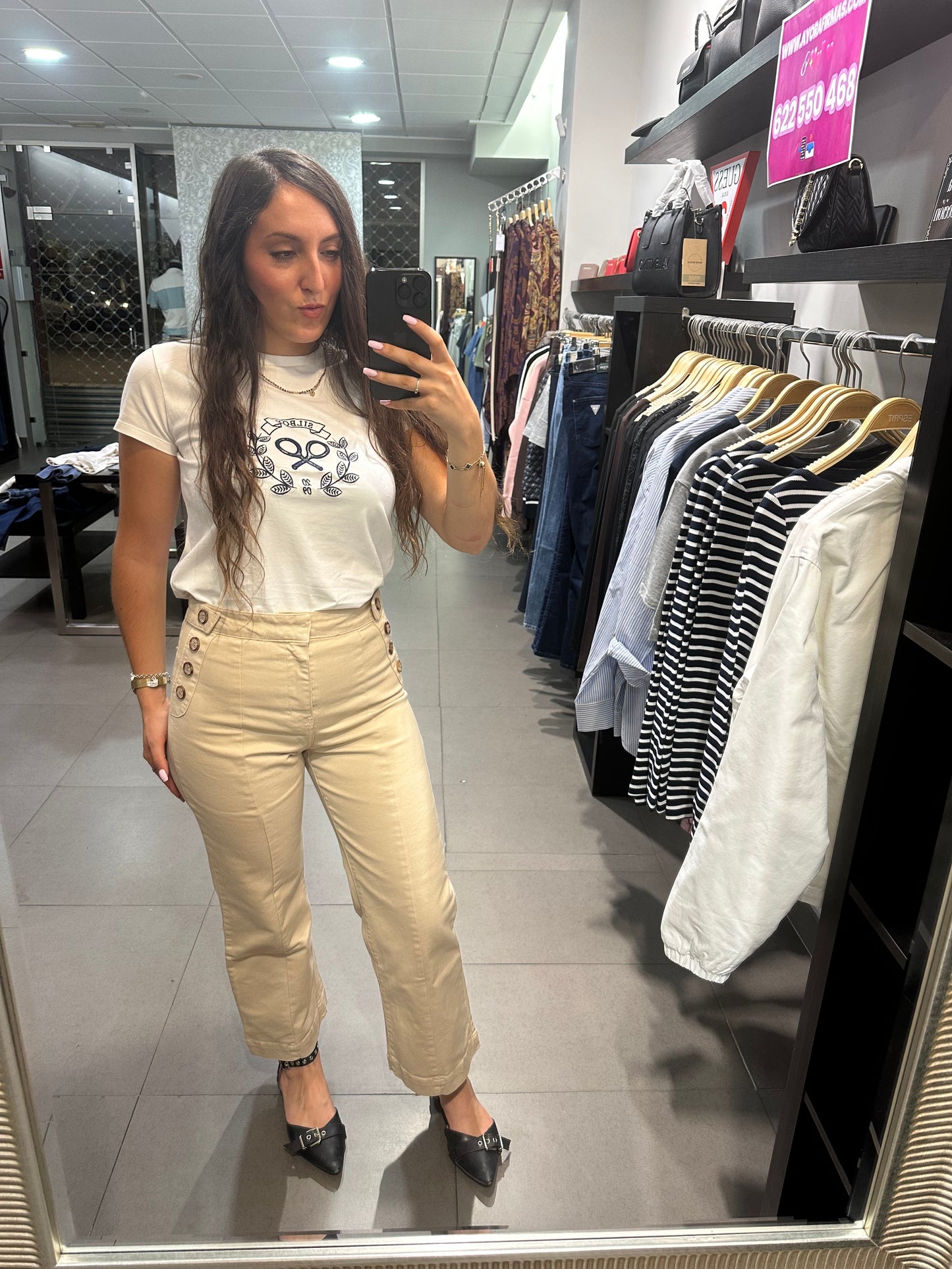 PANTALÓN SILBON VAQUERO BEIGE CULOTTE CON BOTONES Y LOGO BORDADO