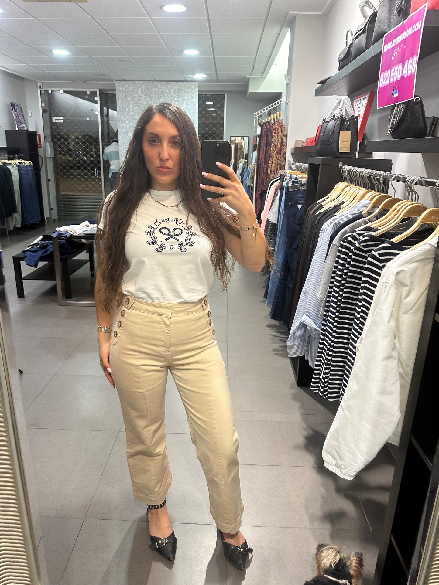 PANTALÓN SILBON VAQUERO BEIGE CULOTTE CON BOTONES Y LOGO BORDADO