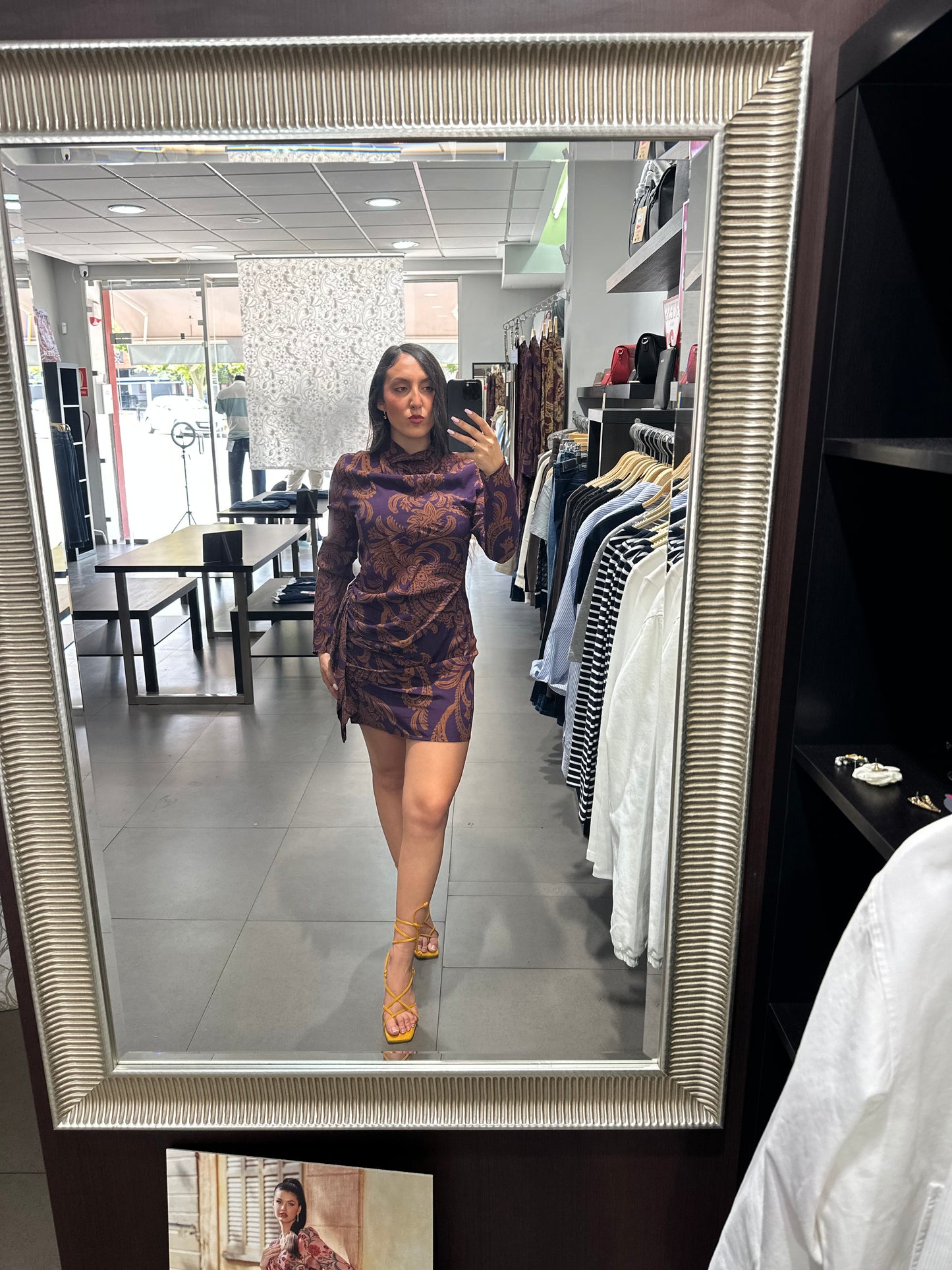 VESTIDO SILBON BERENJENA Y TEJA CON FRUNCIDO