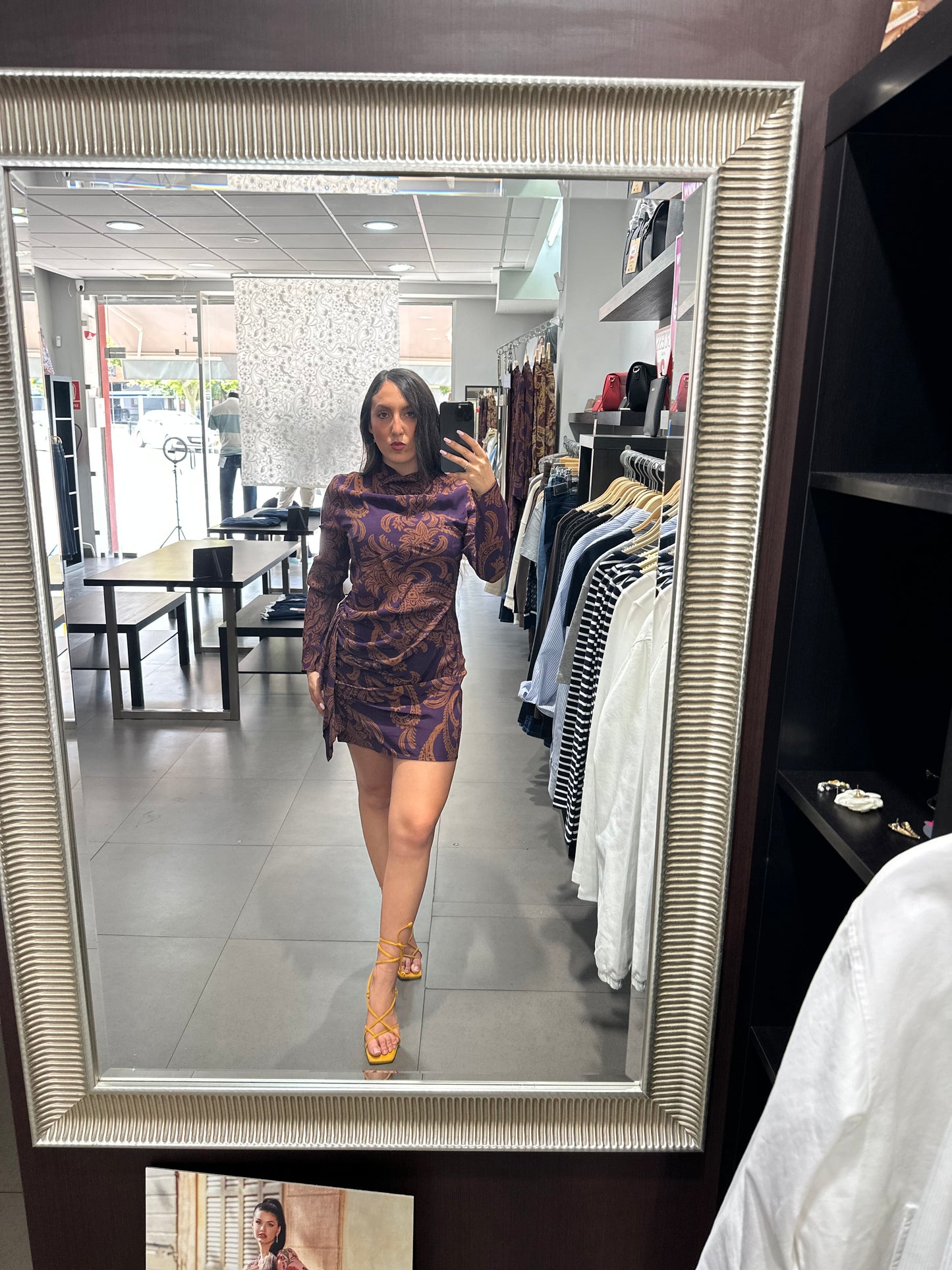 VESTIDO SILBON BERENJENA Y TEJA CON FRUNCIDO