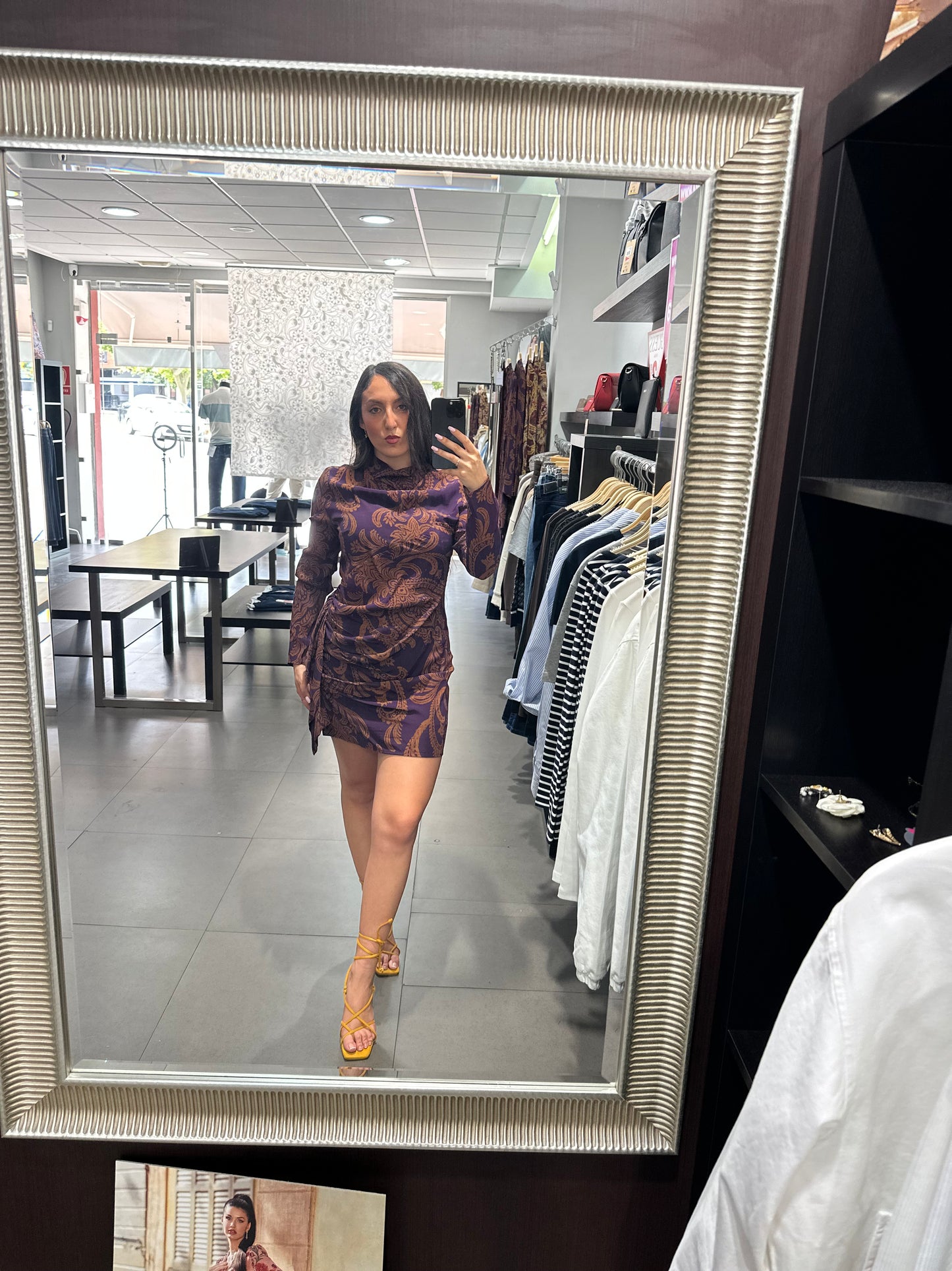VESTIDO SILBON BERENJENA Y TEJA CON FRUNCIDO
