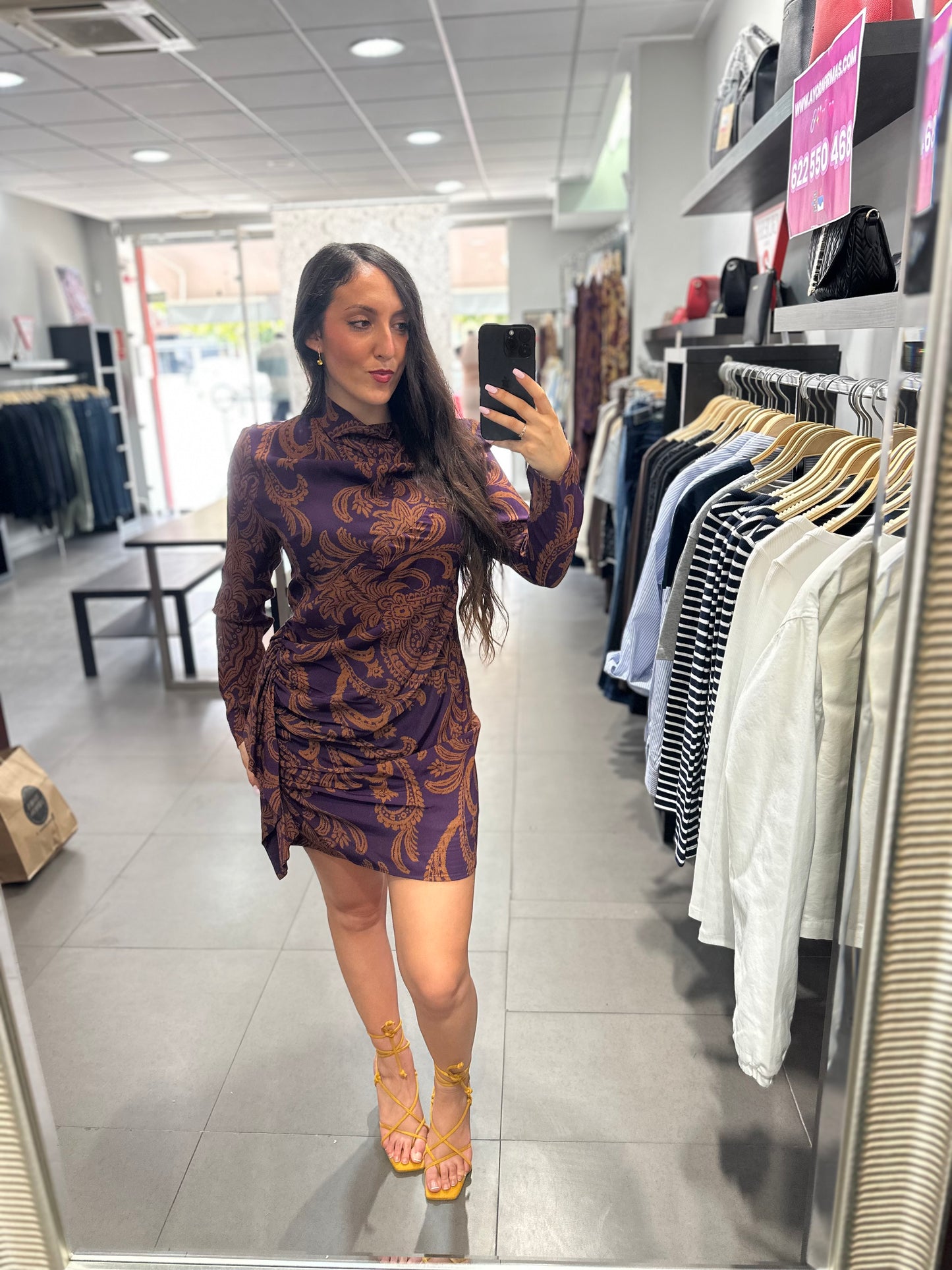 VESTIDO SILBON BERENJENA Y TEJA CON FRUNCIDO