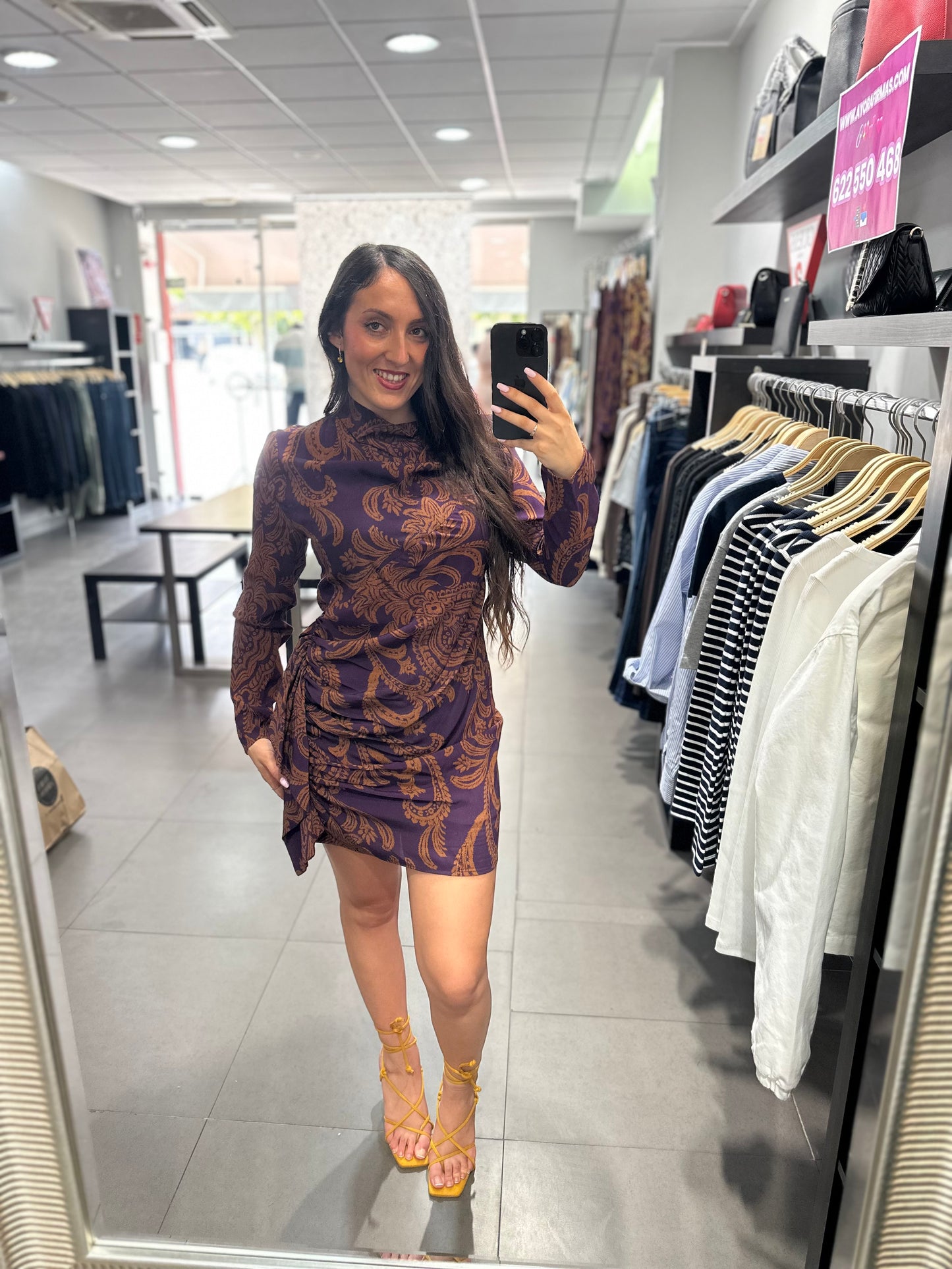 VESTIDO SILBON BERENJENA Y TEJA CON FRUNCIDO
