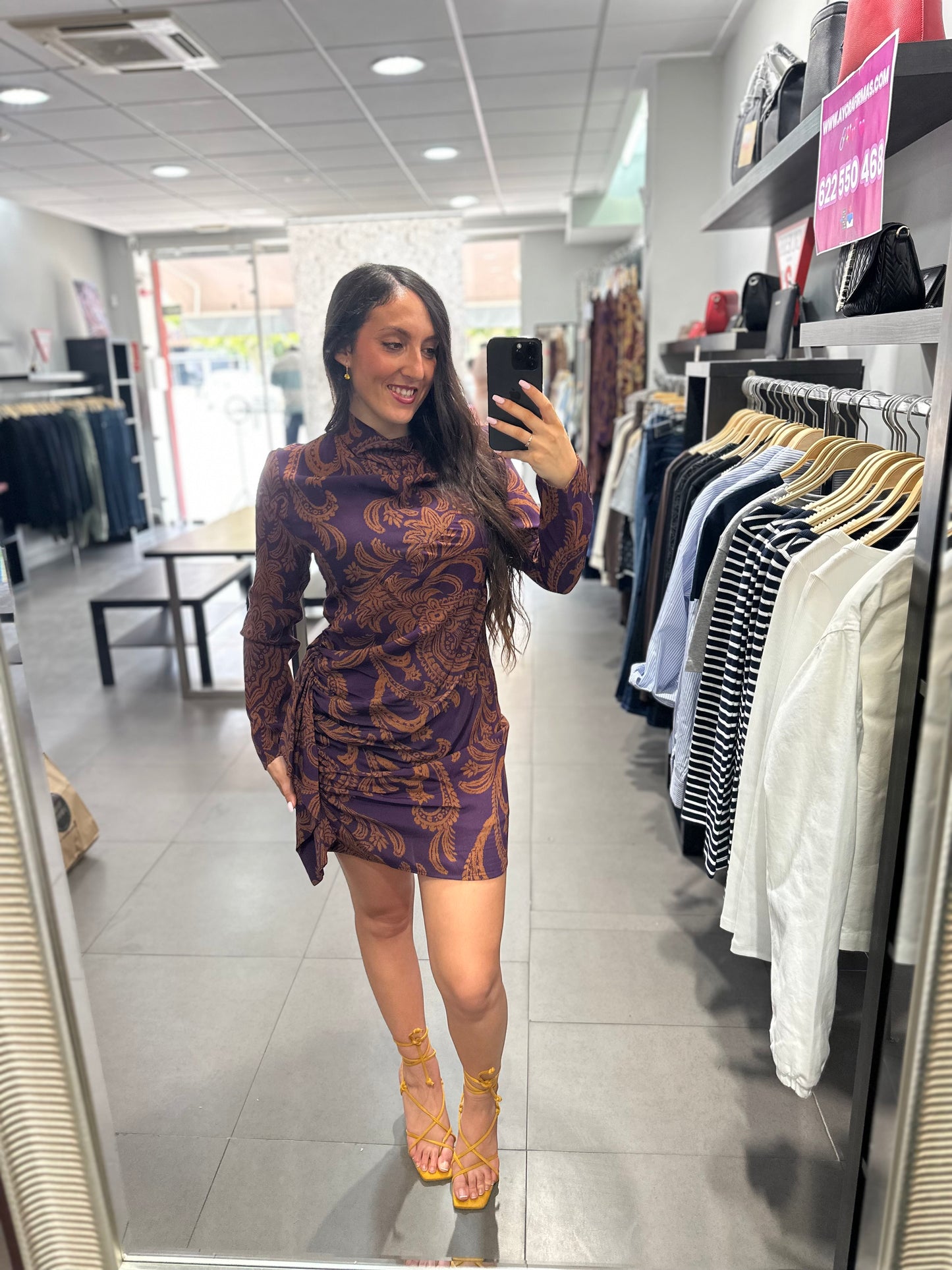 VESTIDO SILBON BERENJENA Y TEJA CON FRUNCIDO