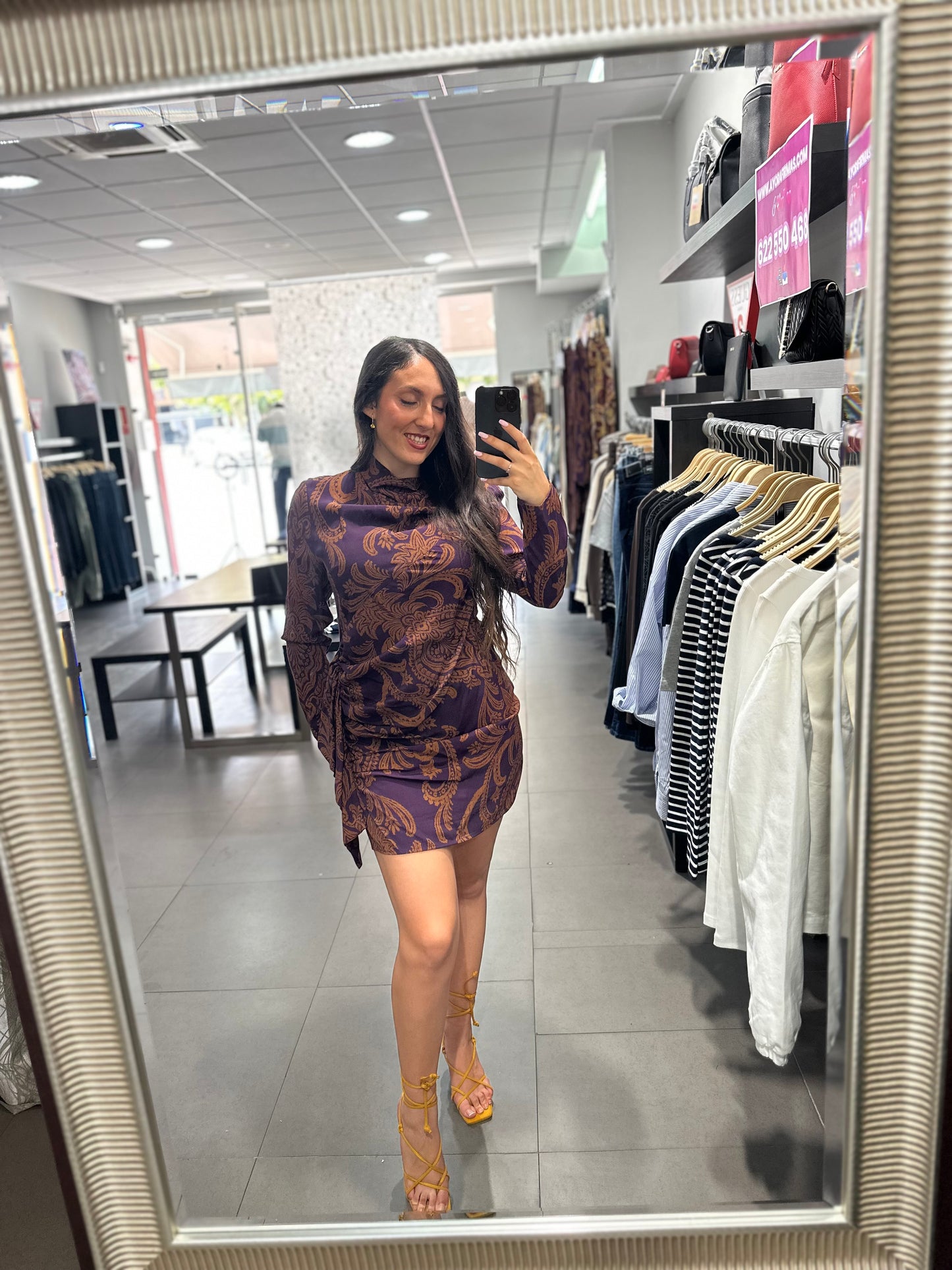 VESTIDO SILBON BERENJENA Y TEJA CON FRUNCIDO