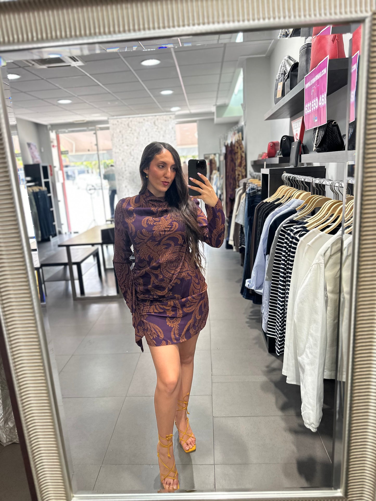 VESTIDO SILBON BERENJENA Y TEJA CON FRUNCIDO