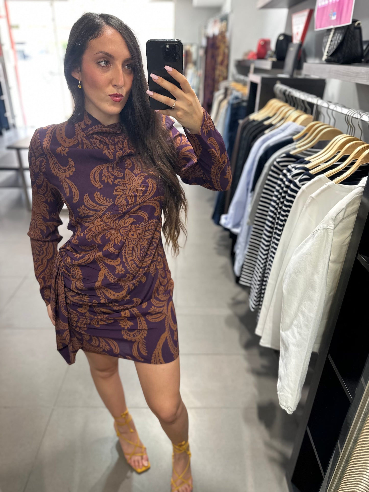 VESTIDO SILBON BERENJENA Y TEJA CON FRUNCIDO