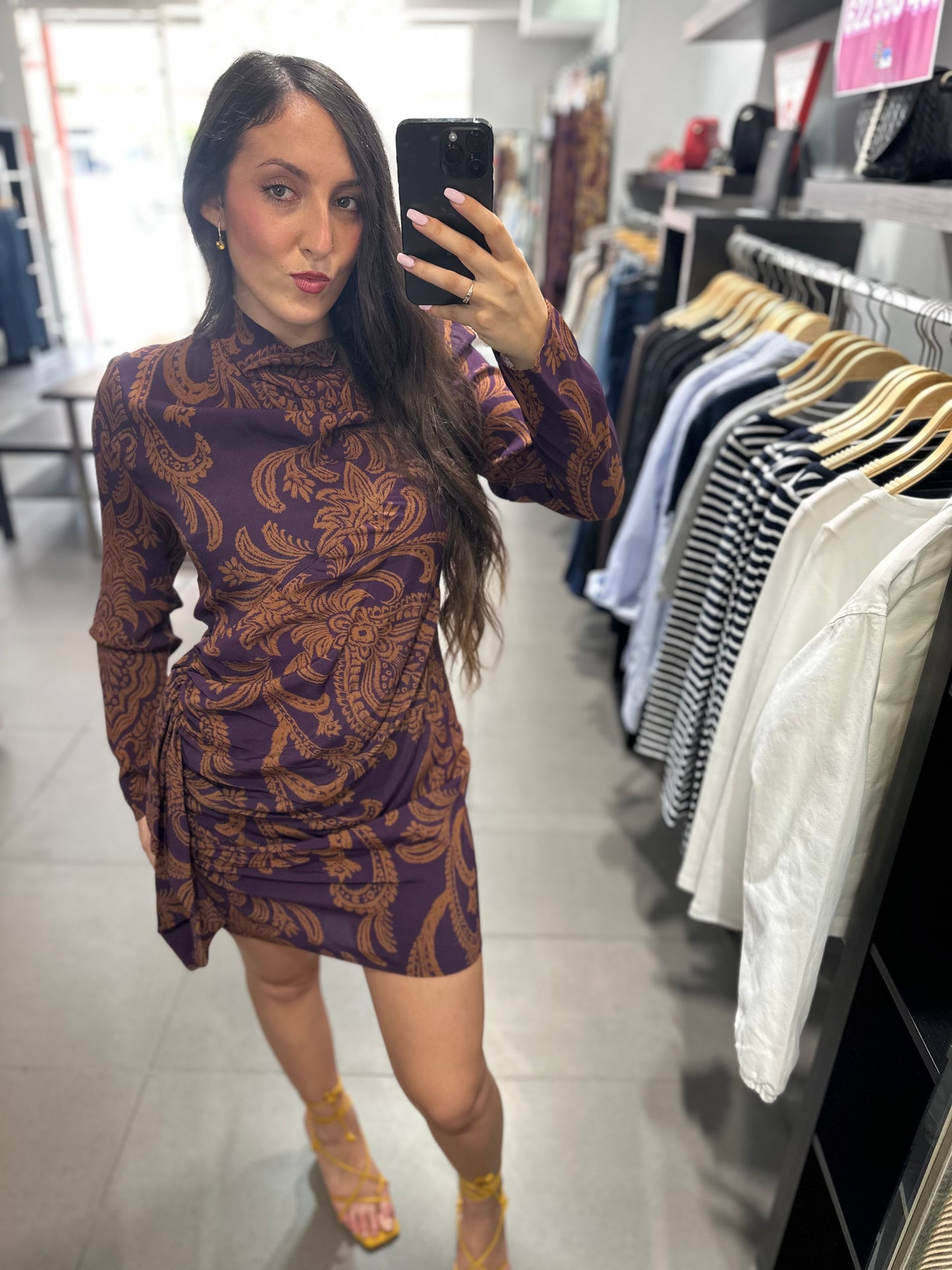 VESTIDO SILBON BERENJENA Y TEJA CON FRUNCIDO