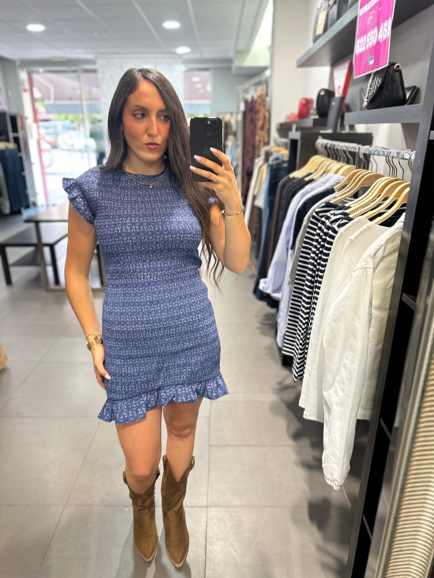 VESTIDO SILBON PANEL DE ABEJA AZUL CON VOLANTES EN MANGAS Y BAJO