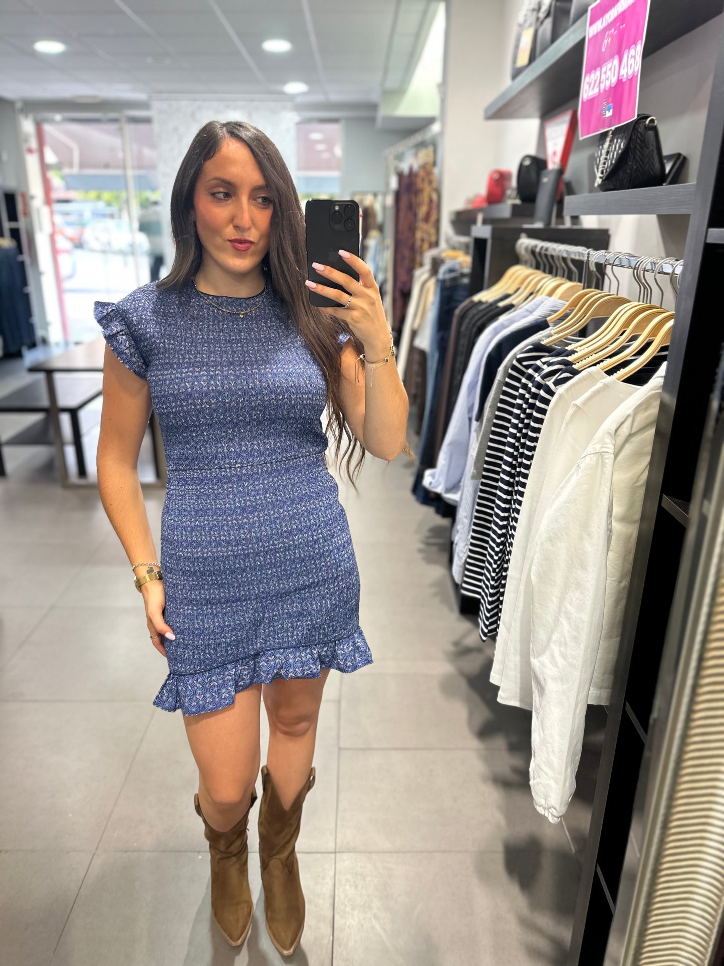 VESTIDO SILBON PANEL DE ABEJA AZUL CON VOLANTES EN MANGAS Y BAJO
