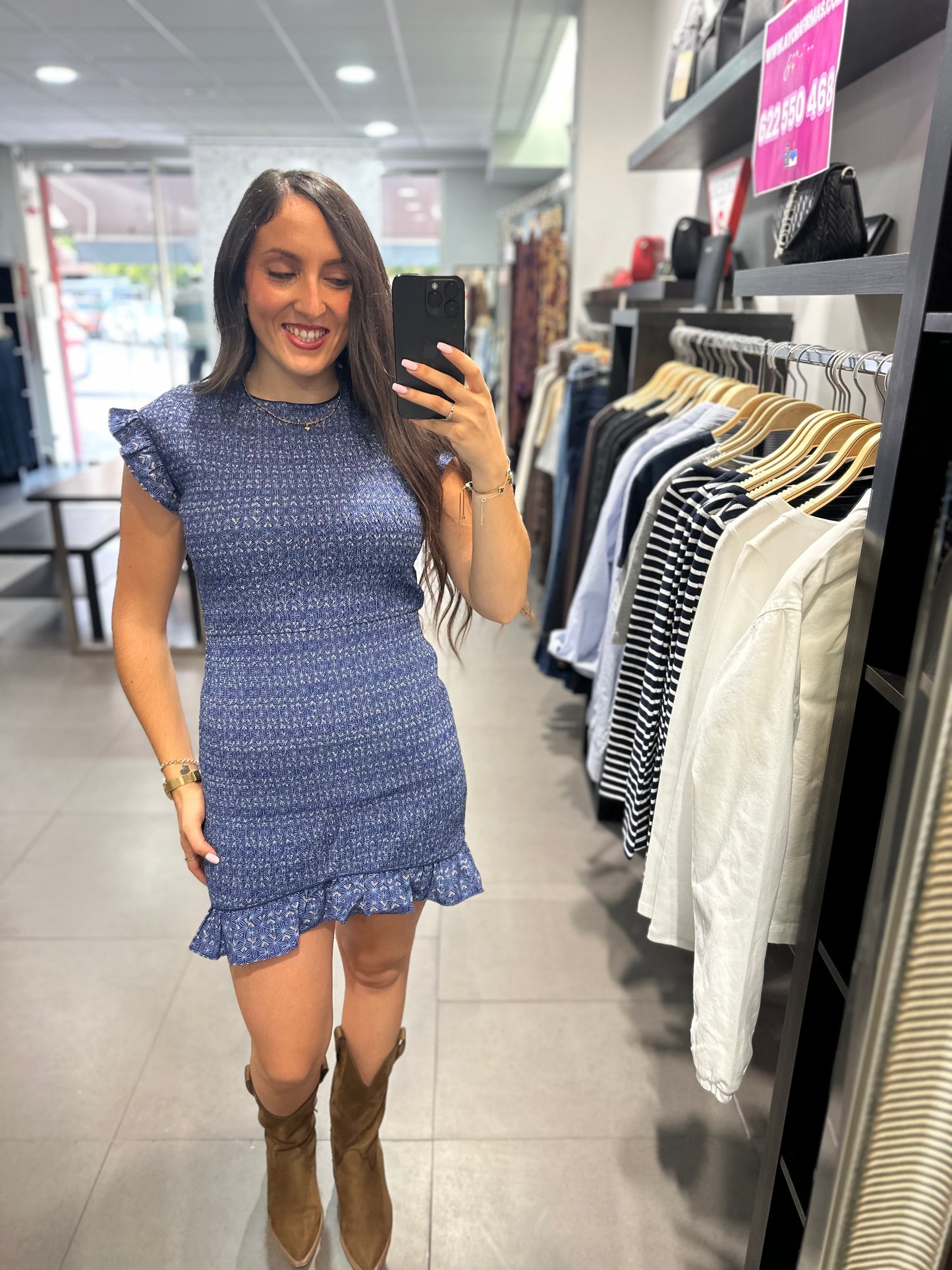 VESTIDO SILBON PANEL DE ABEJA AZUL CON VOLANTES EN MANGAS Y BAJO