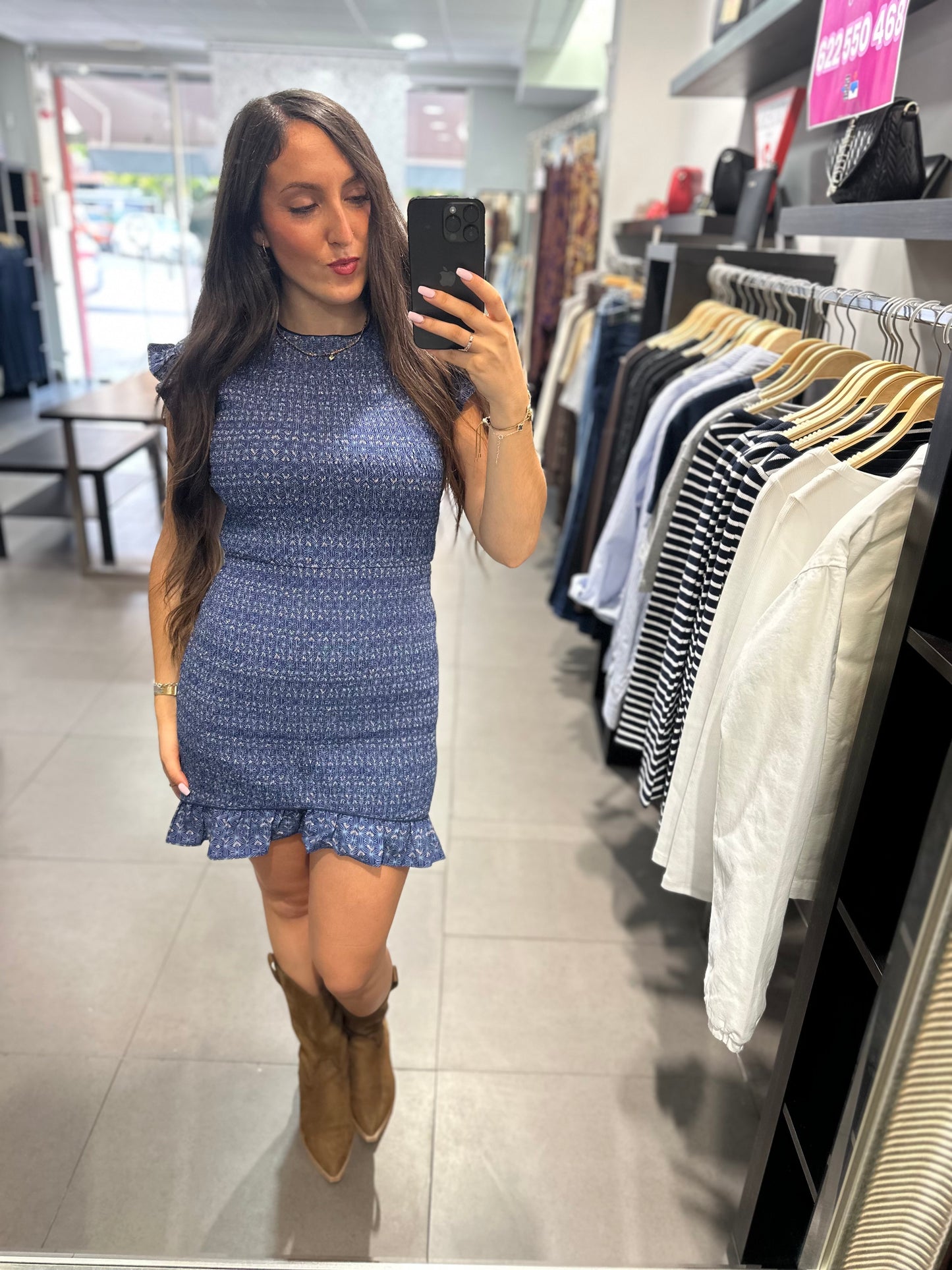 VESTIDO SILBON PANEL DE ABEJA AZUL CON VOLANTES EN MANGAS Y BAJO