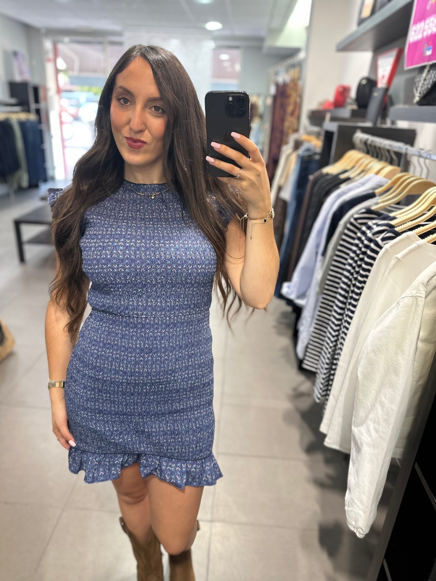 VESTIDO SILBON PANEL DE ABEJA AZUL CON VOLANTES EN MANGAS Y BAJO