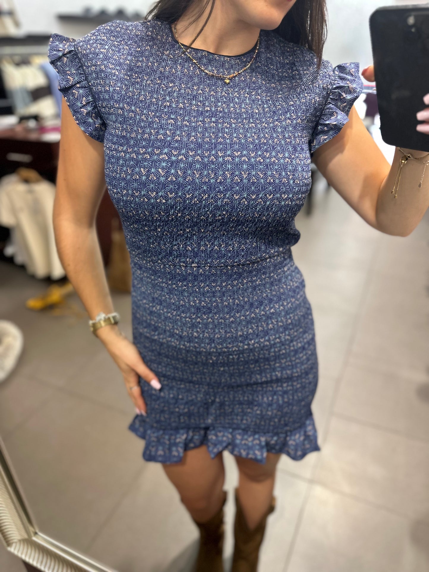 VESTIDO SILBON PANEL DE ABEJA AZUL CON VOLANTES EN MANGAS Y BAJO