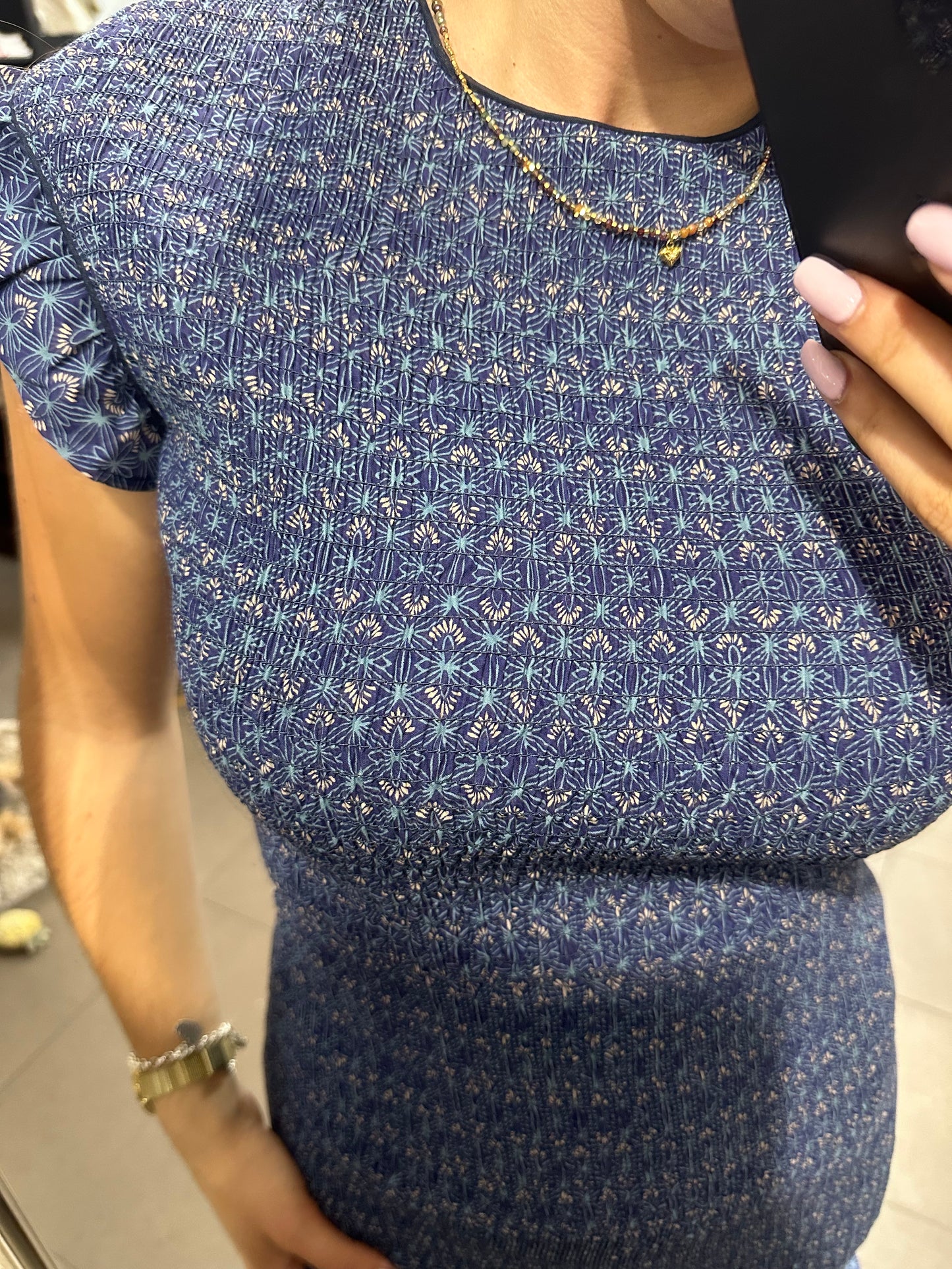 VESTIDO SILBON PANEL DE ABEJA AZUL CON VOLANTES EN MANGAS Y BAJO