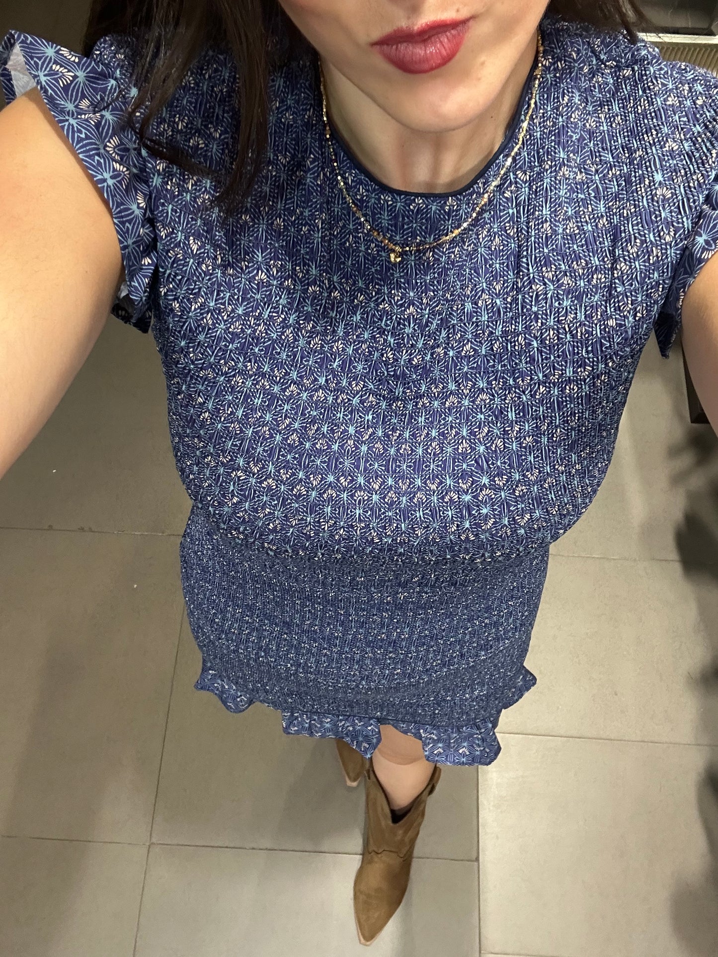 VESTIDO SILBON PANEL DE ABEJA AZUL CON VOLANTES EN MANGAS Y BAJO