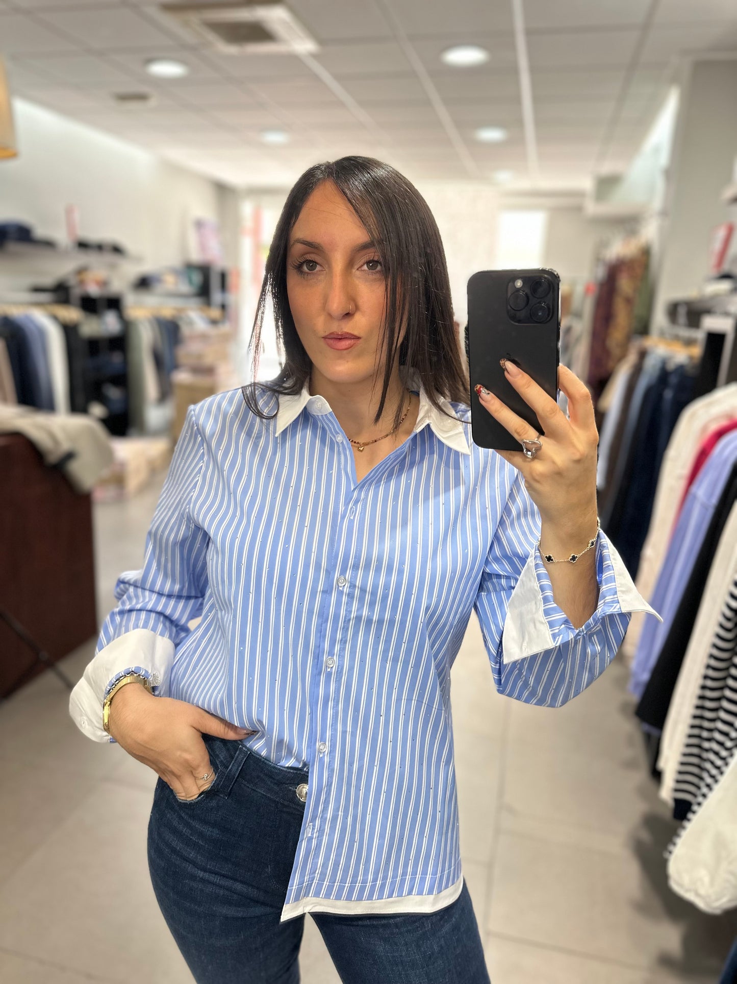 Camisa Tiffosi con brillos a rayas azul