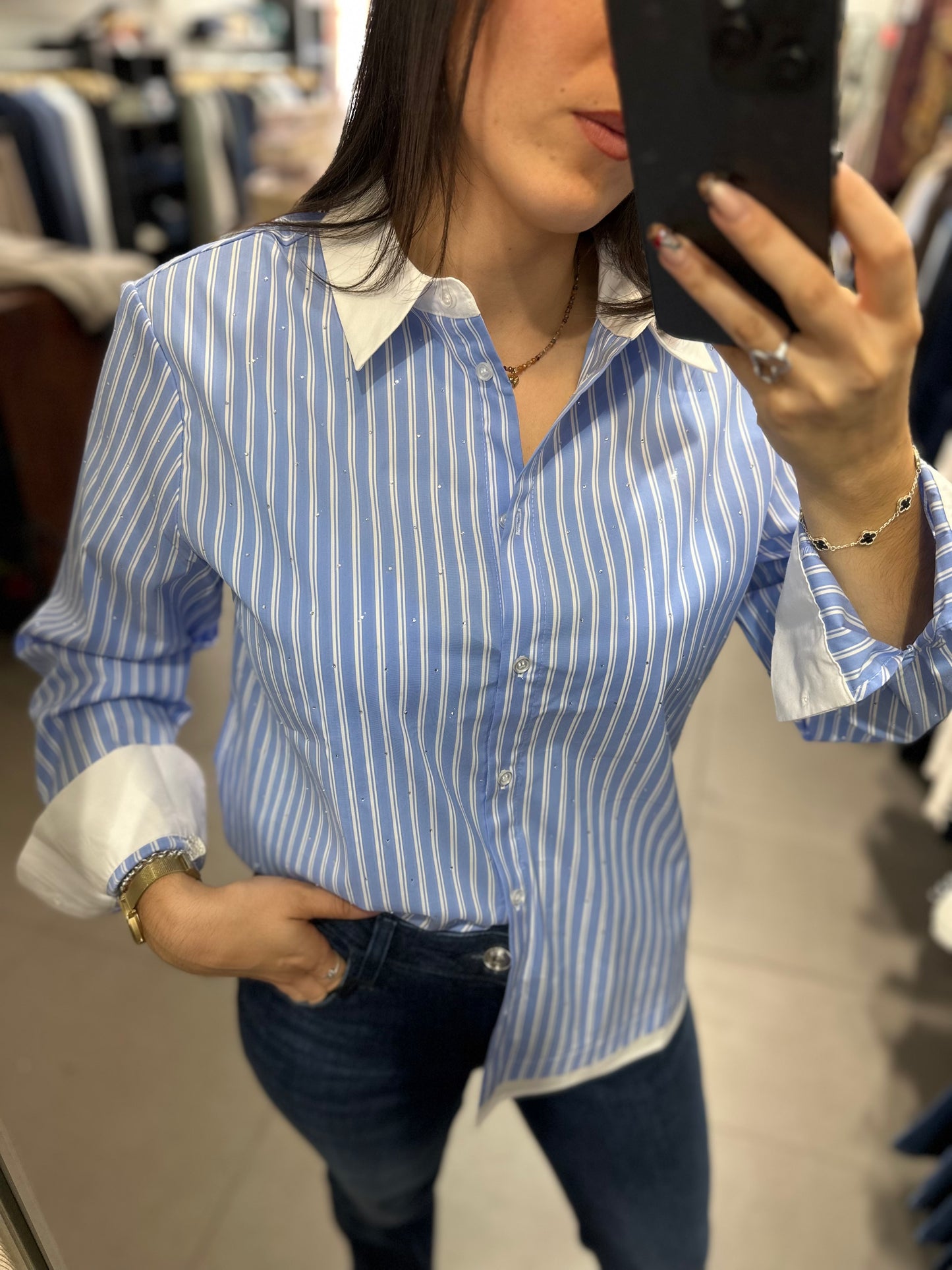 Camisa Tiffosi con brillos a rayas azul