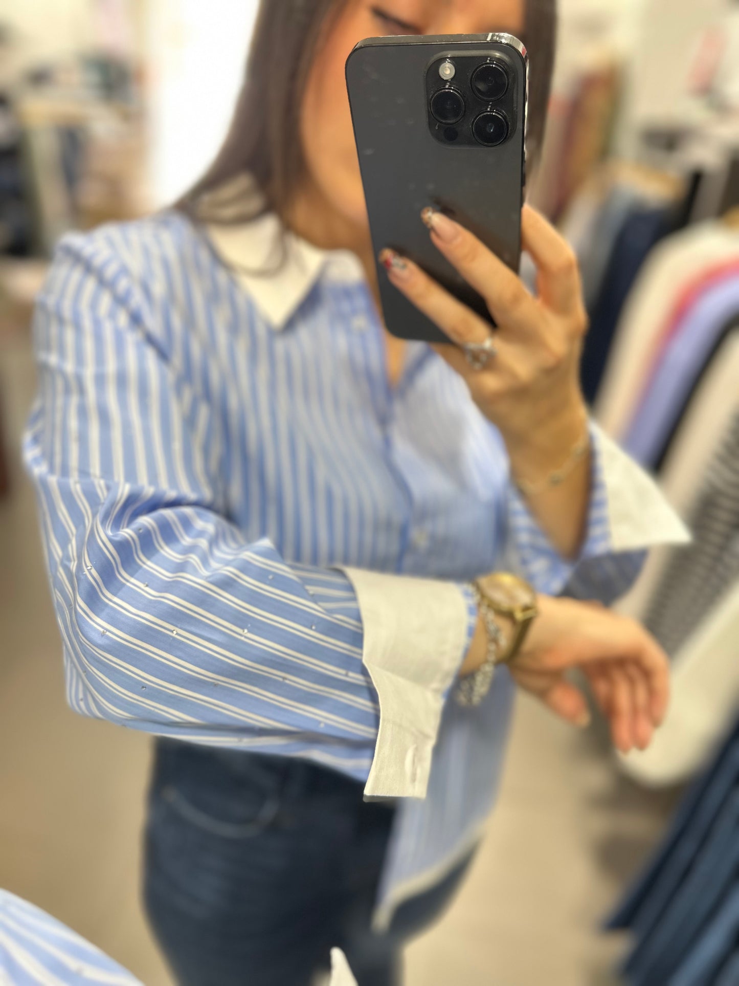 Camisa Tiffosi con brillos a rayas azul