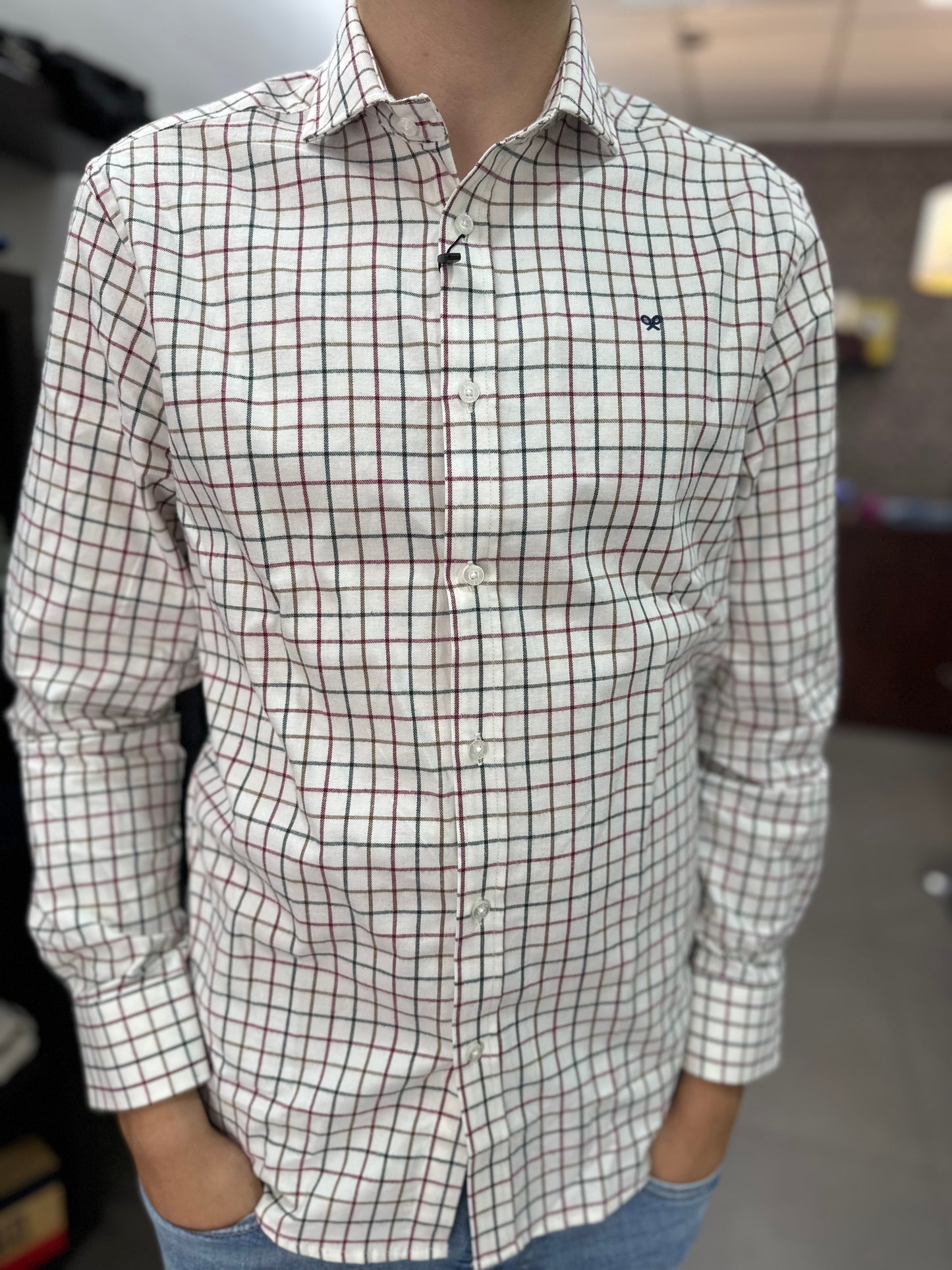 CAMISA SILBON CUADROS CAMEL Y AZUL