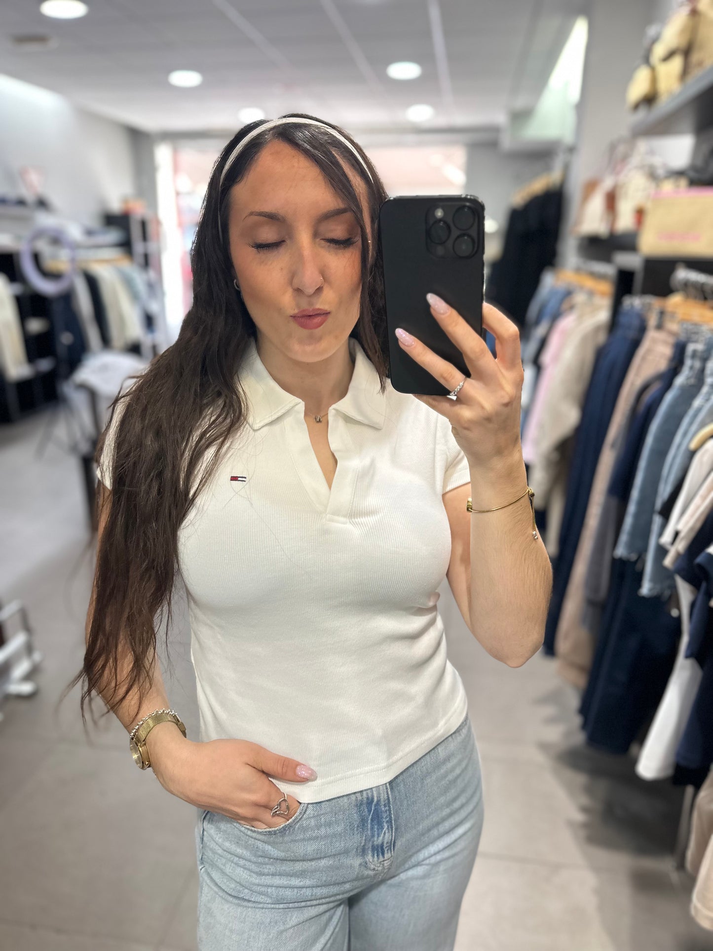 Polo Tommy mujer canalé blanco