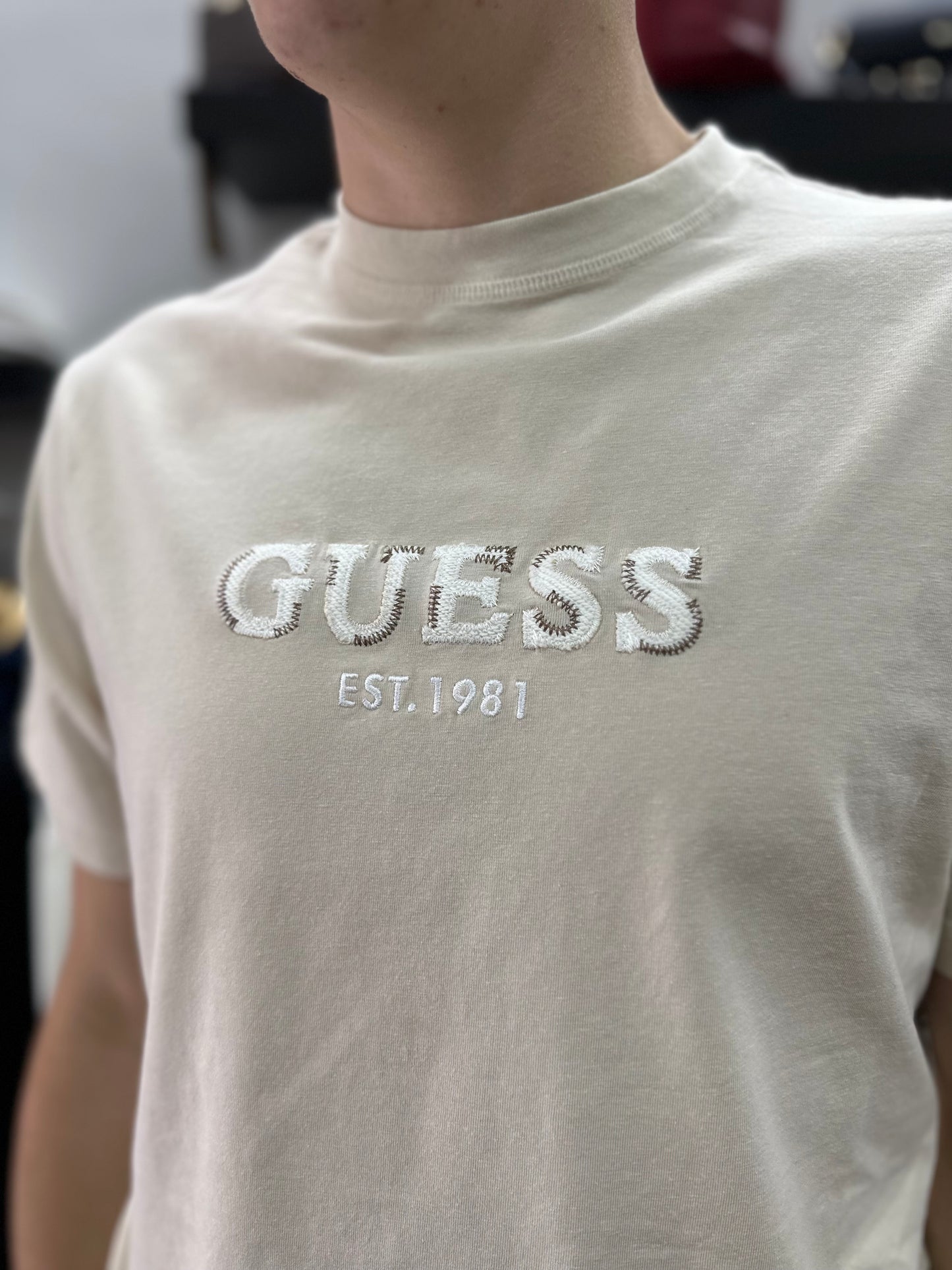 CAMISETA GUESS BEIGE LOGO BORDADO