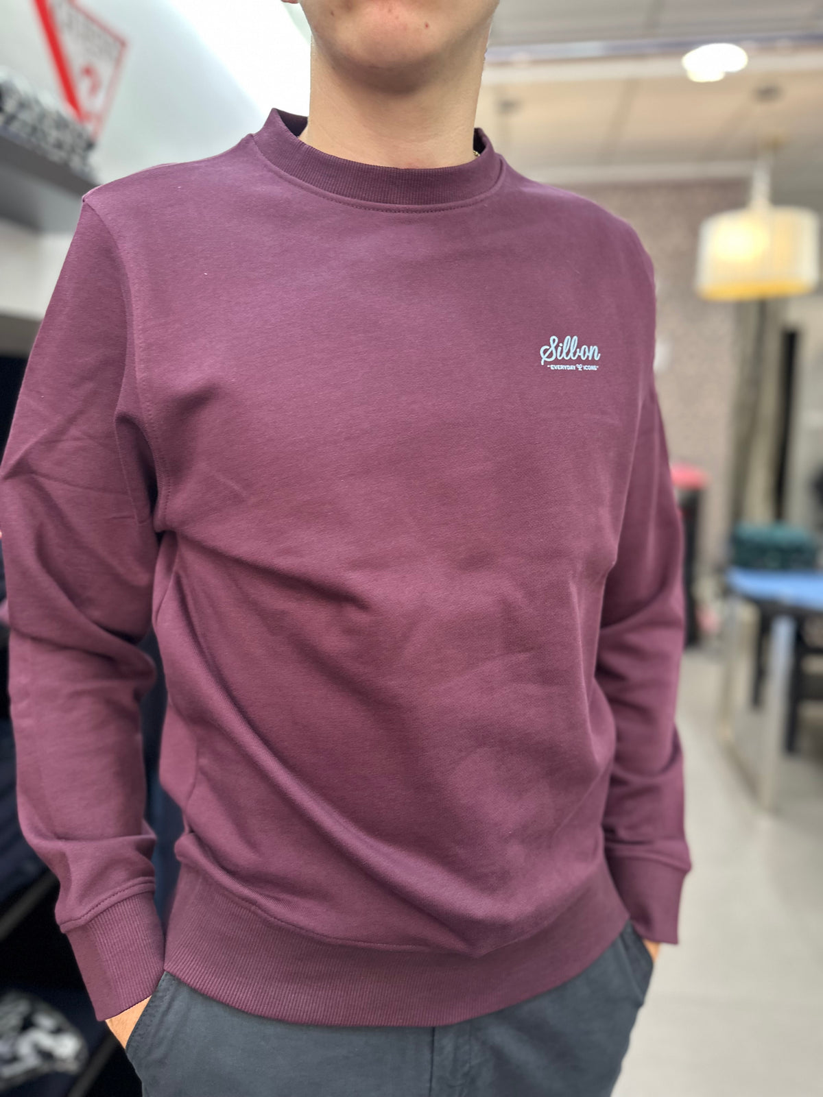 Sudadera Silbon berenjena con logo en la espalda azul