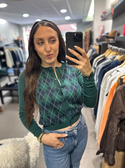 Chaqueta Tommy punto cárdigan rombos verde y marina