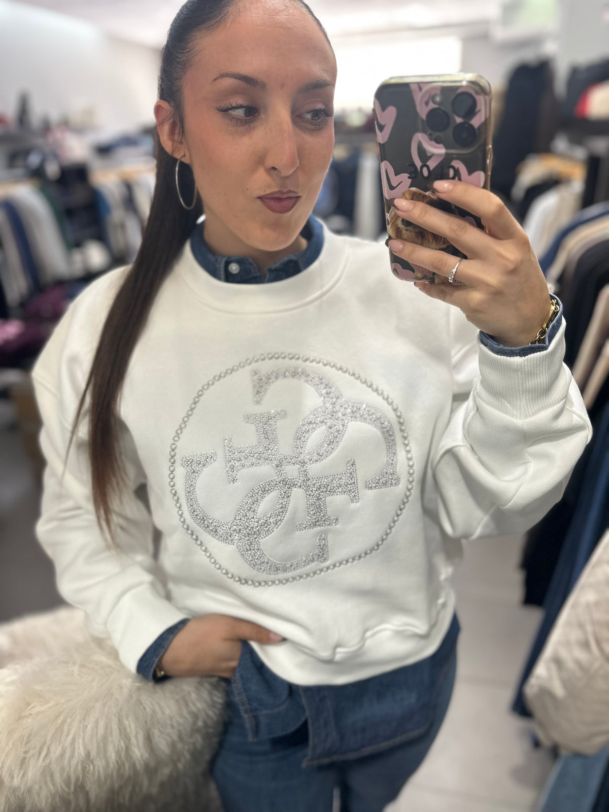 Sudadera Guess 4g brillo blanca