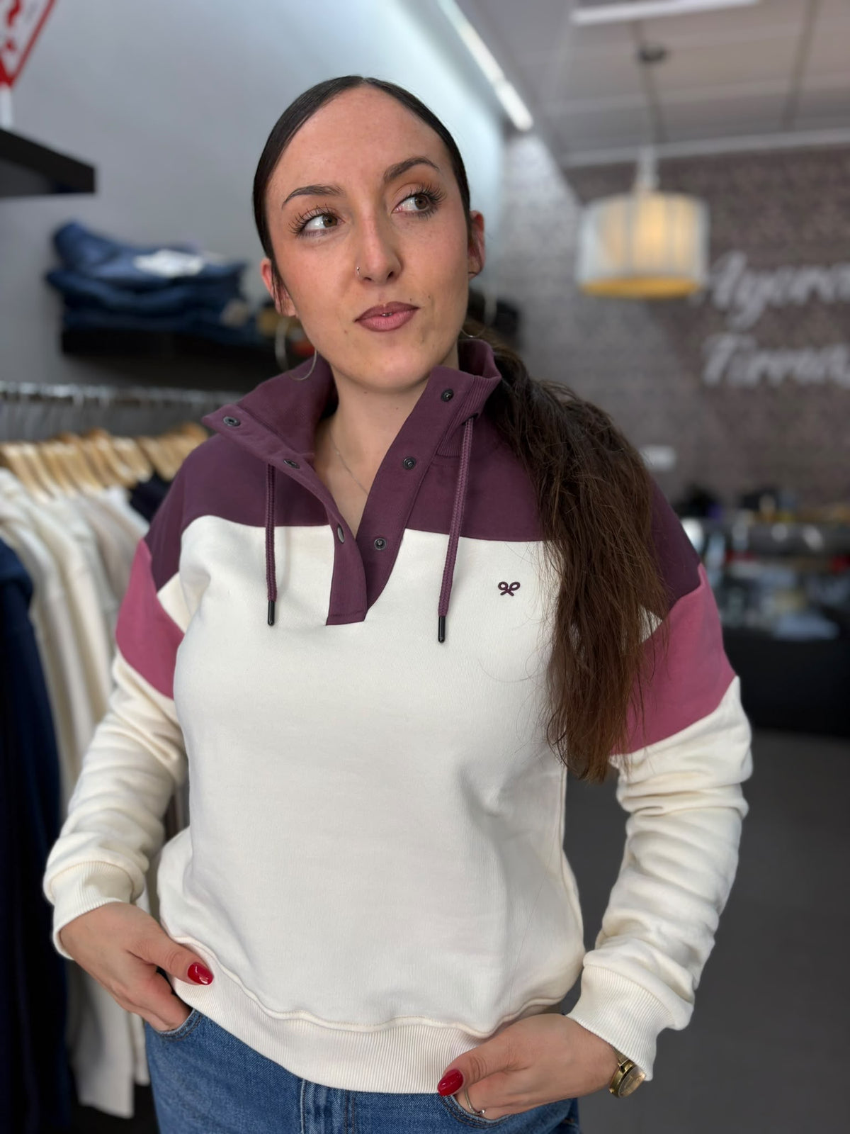 Sudadera Silbon berenjena y rosa con cuello