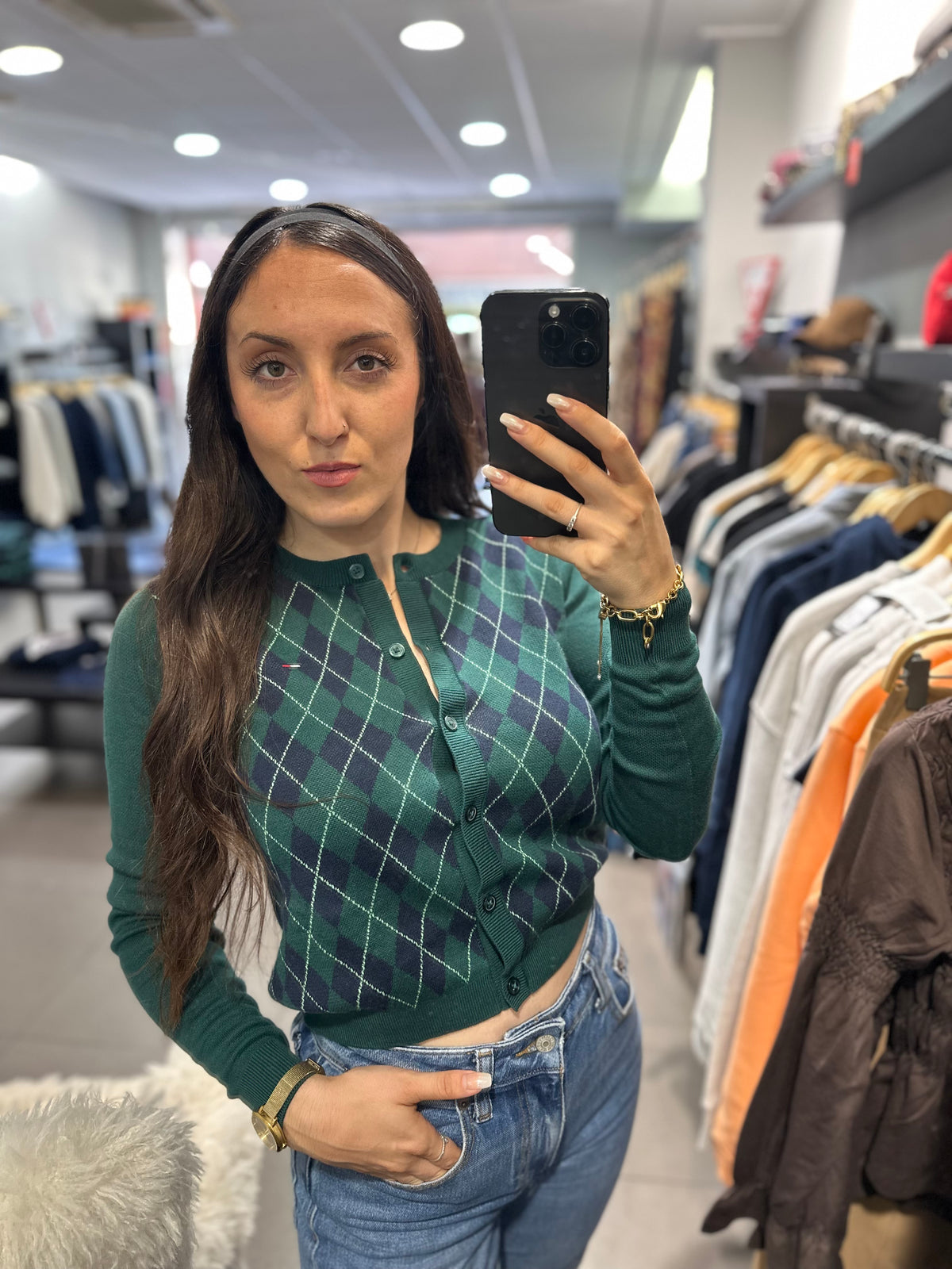 Chaqueta Tommy punto cárdigan rombos verde y marina