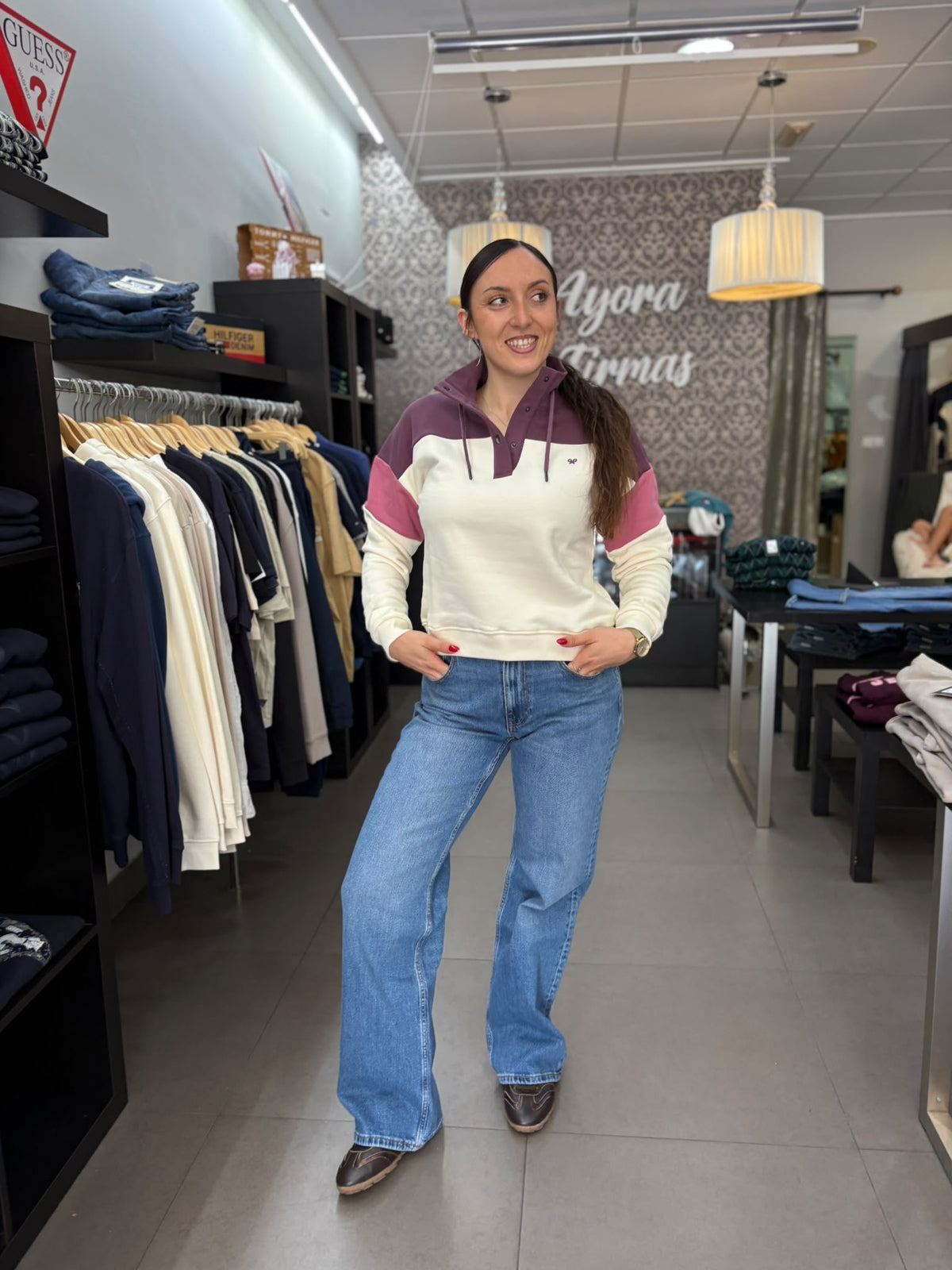 Sudadera Silbon berenjena y rosa con cuello