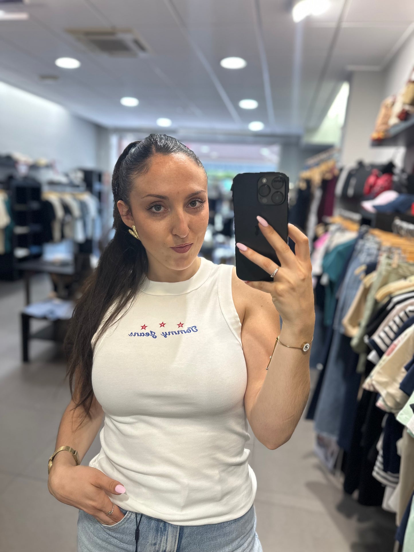Camiseta Tommy canalé blanca logo nuevo estrellas