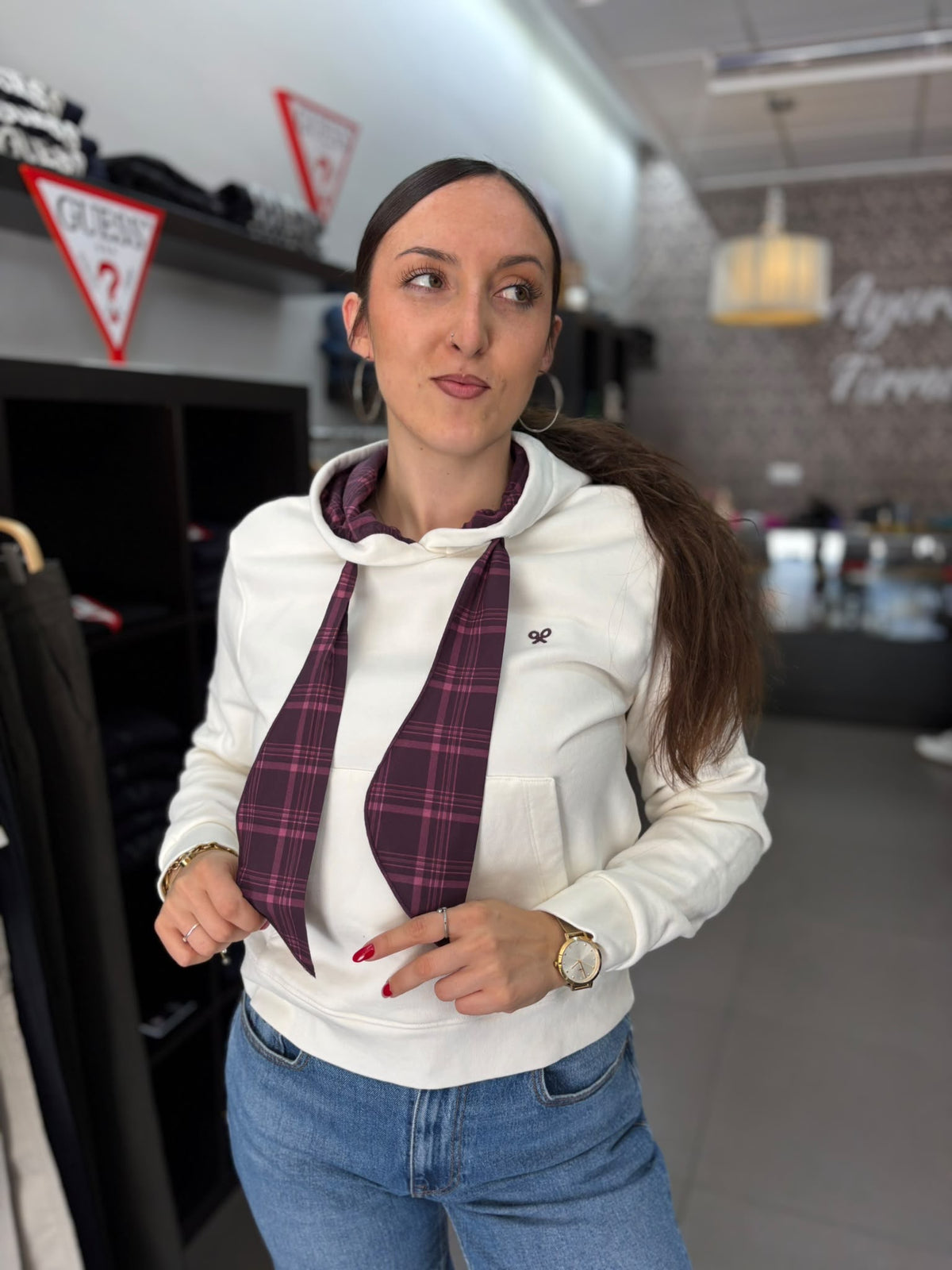Sudadera Silbon logo espalda bordado y cintas cuadros berenjena