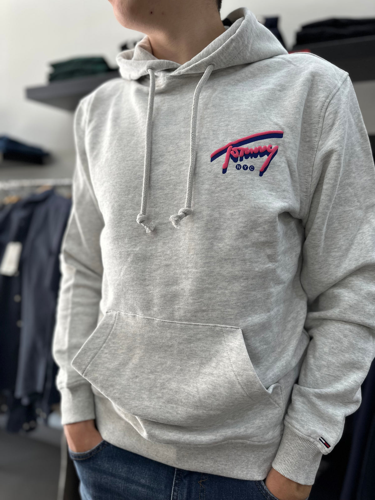 Sudadera Tommy Gris y rosa logo espalda con capucha