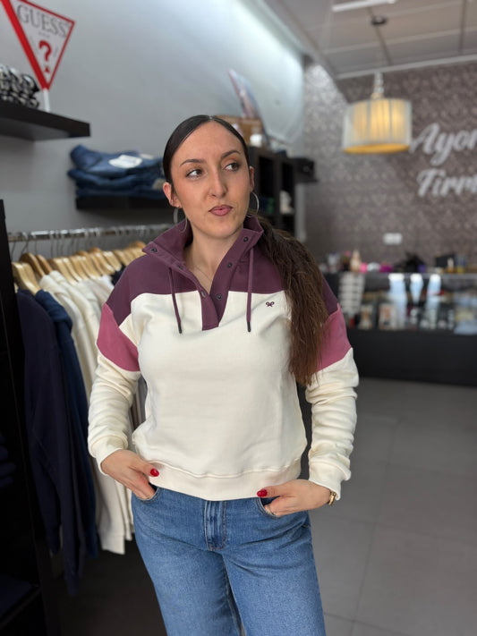 Sudadera Silbon berenjena y rosa con cuello