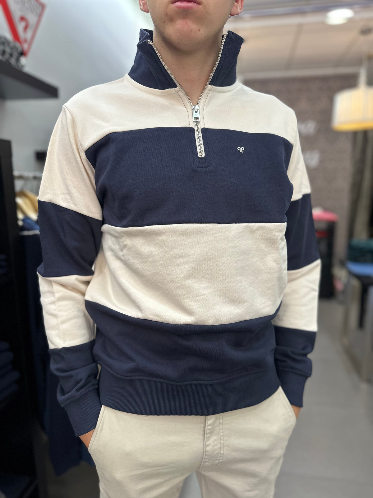 Sudadera Silbon Marina y beige con cuello cremallera