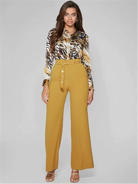 PANTALÓN GUESS MARCIANO MOSTAZA FLUIDO CON EFECTO CINTURÓN MUJER