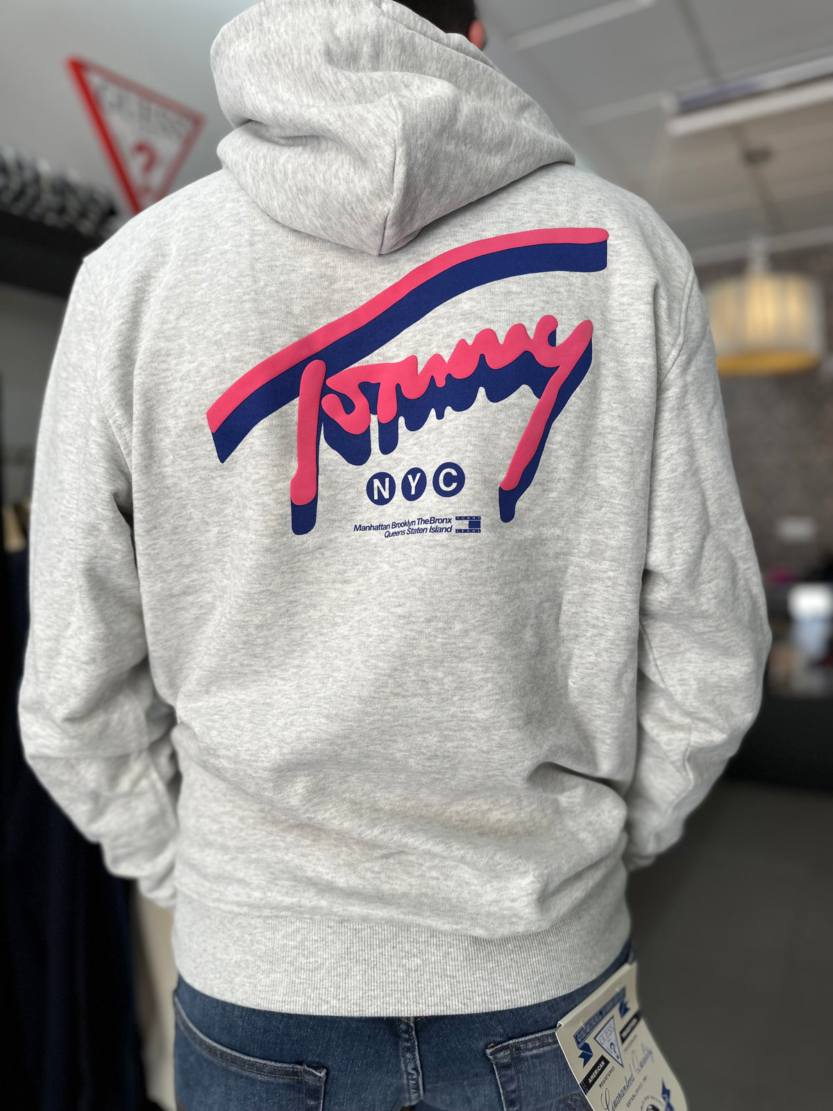 Sudadera Tommy Gris y rosa logo espalda con capucha