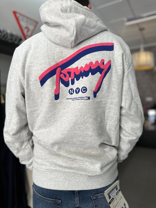 Sudadera Tommy Gris y rosa logo espalda con capucha