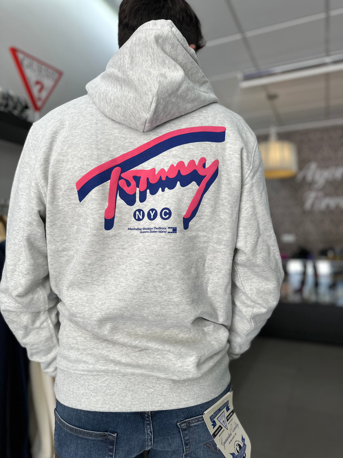 Sudadera Tommy Gris y rosa logo espalda con capucha