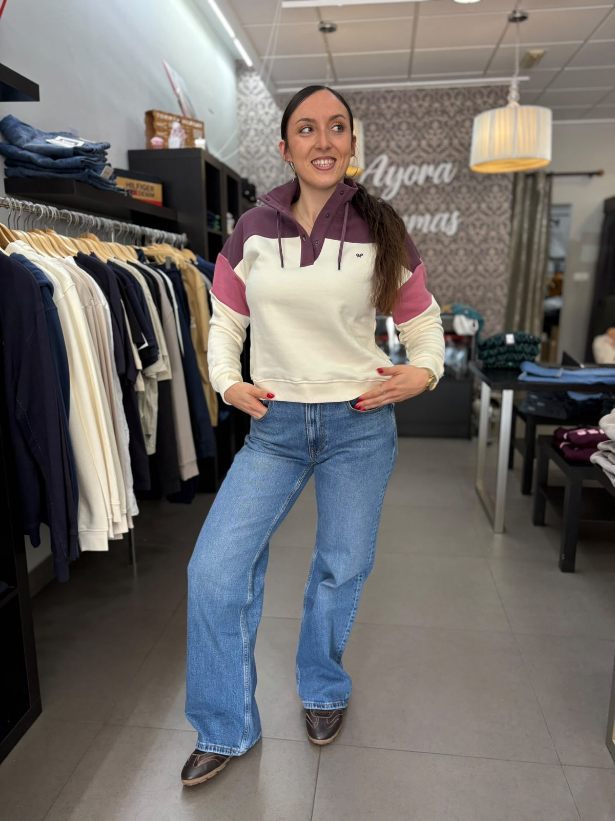 Sudadera Silbon berenjena y rosa con cuello