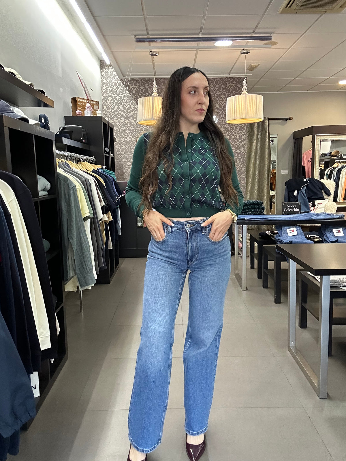 Chaqueta Tommy punto cárdigan rombos verde y marina