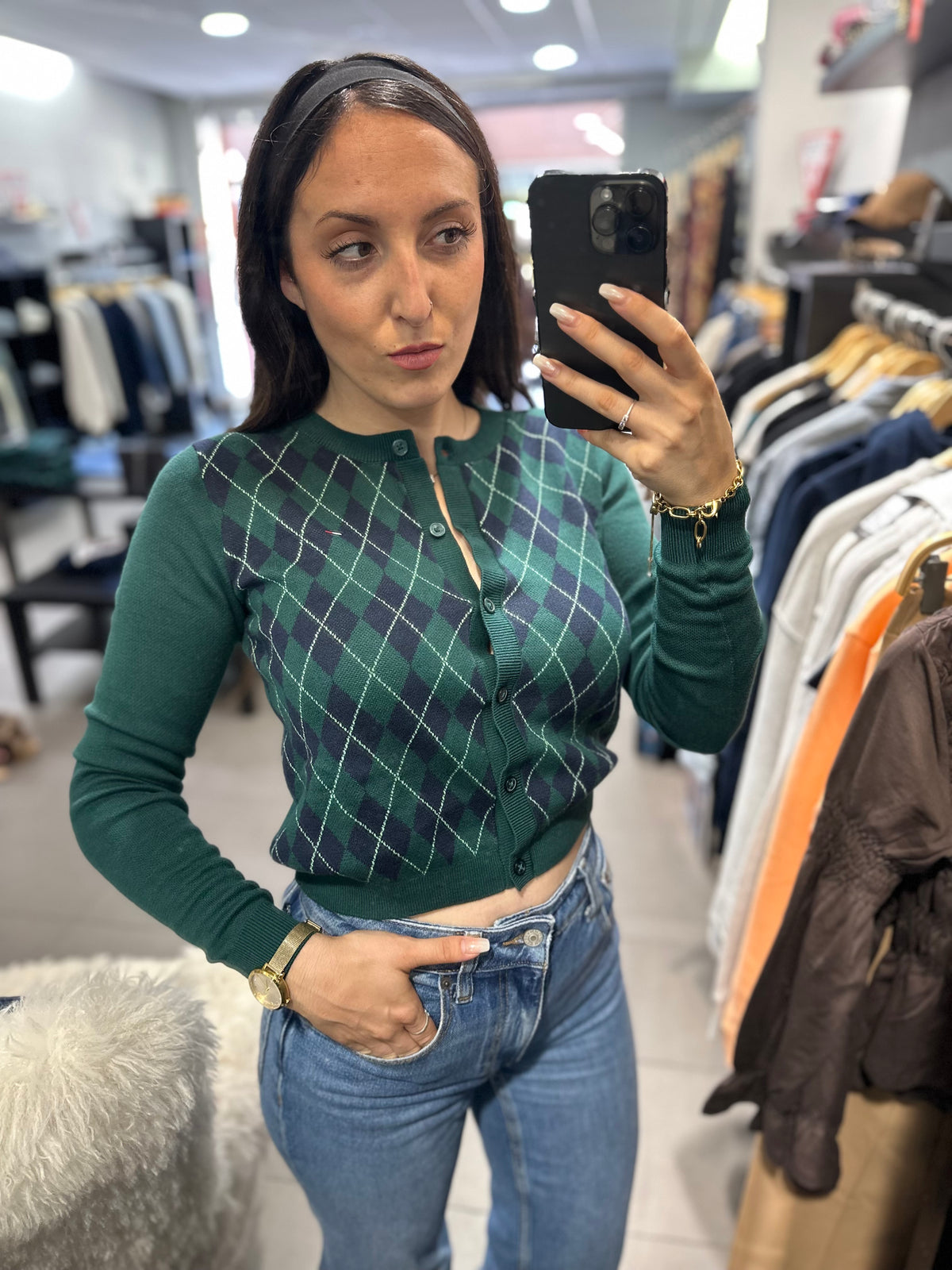 Chaqueta Tommy punto cárdigan rombos verde y marina