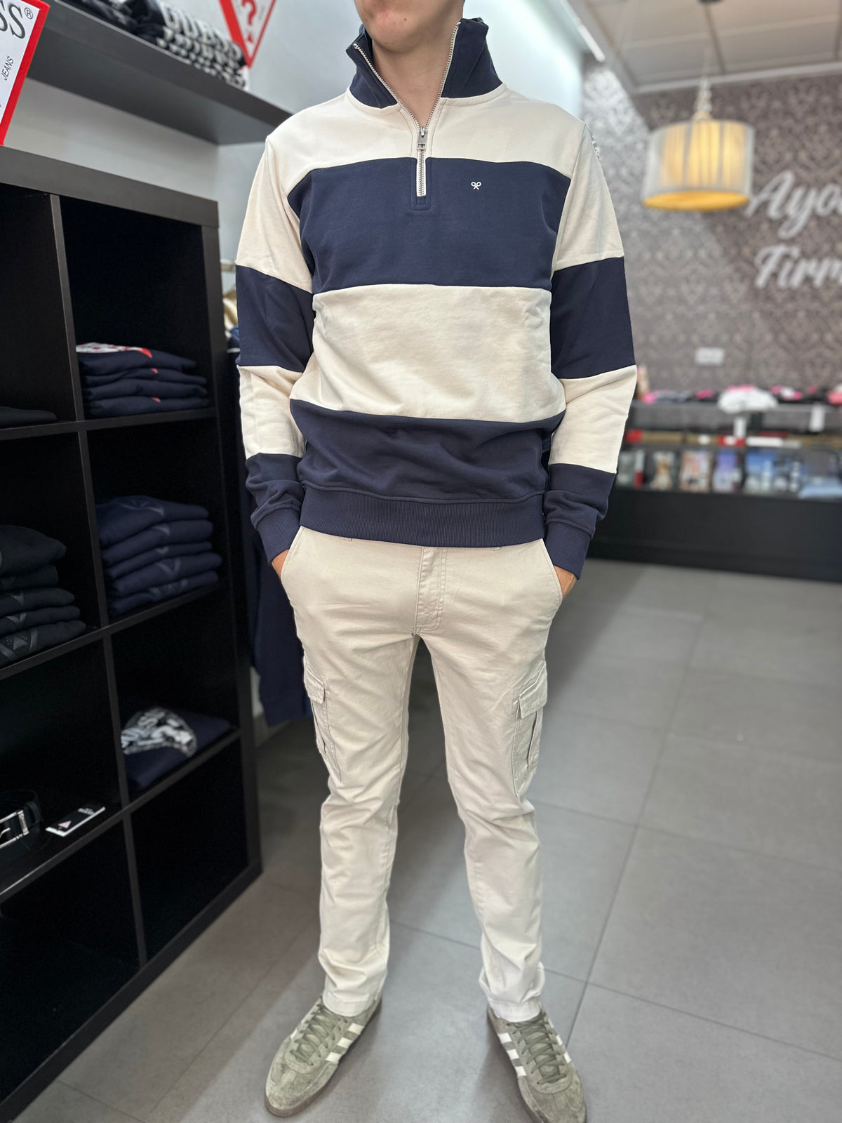 Sudadera Silbon Marina y beige con cuello cremallera